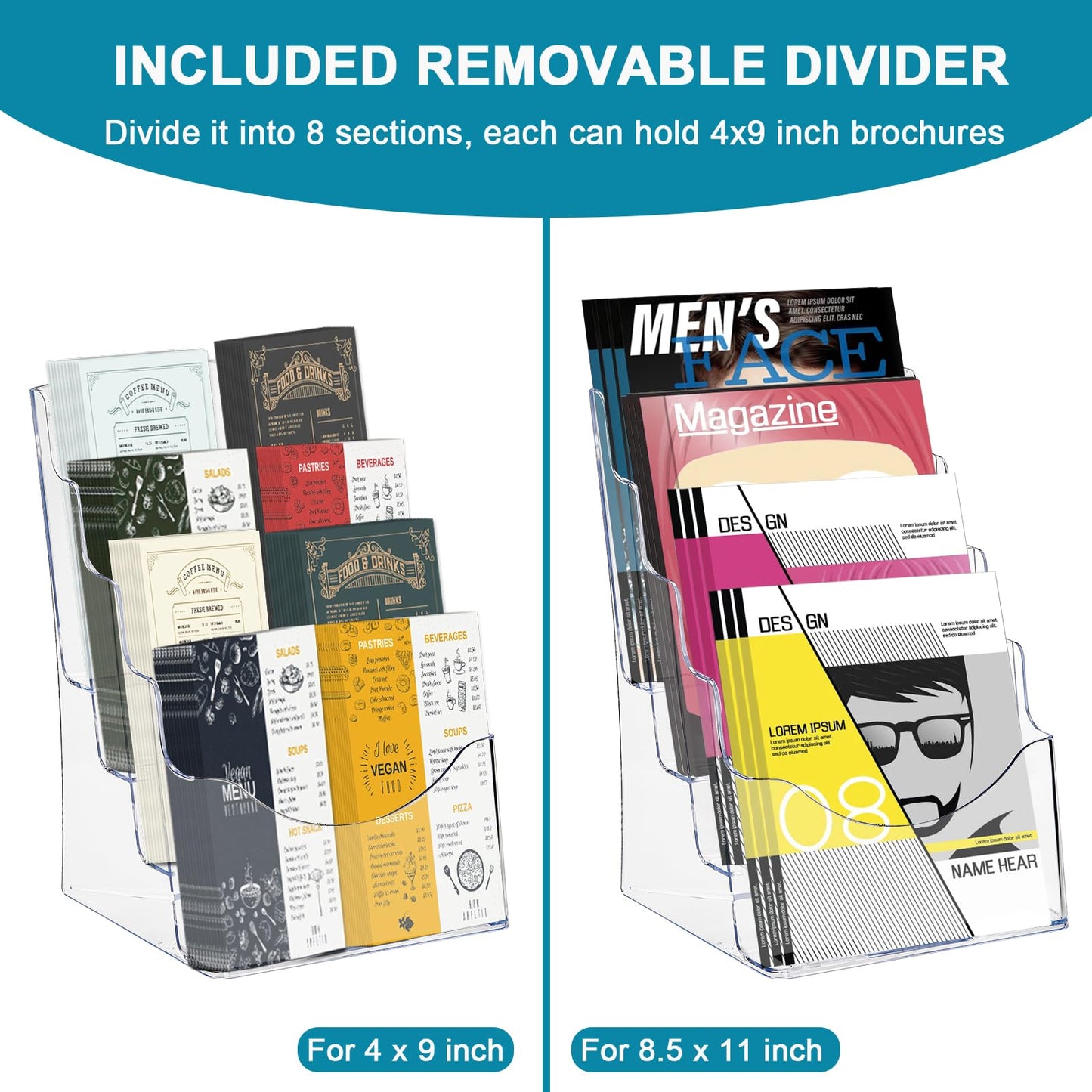 Suwimut Acrylic Brochure Holder 8.5x11 Inch, 4 Tier Clear Literature Organizer Magazine Stand with Removable Divider for 4x9 Inch Brochures, Pamphlet Flyer Display Stand for Wall Mount, Countertop