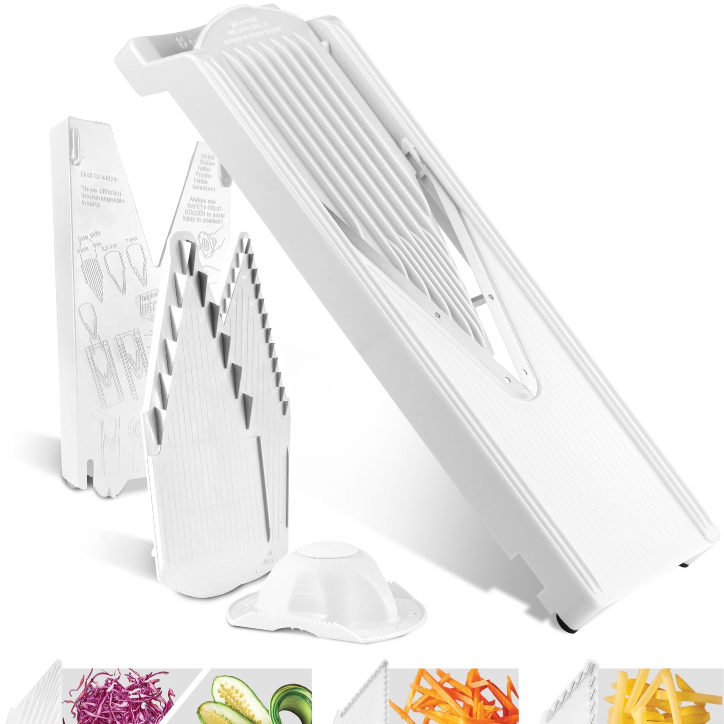 Börner by Reston Lloyd Mandoline Slicer V3 (Starter Set) • V-Slicer with 4 Cutting Options & Safety Food Holder • Adjustable Kitchen Slicer for Vegetables & Fruits • Color: White