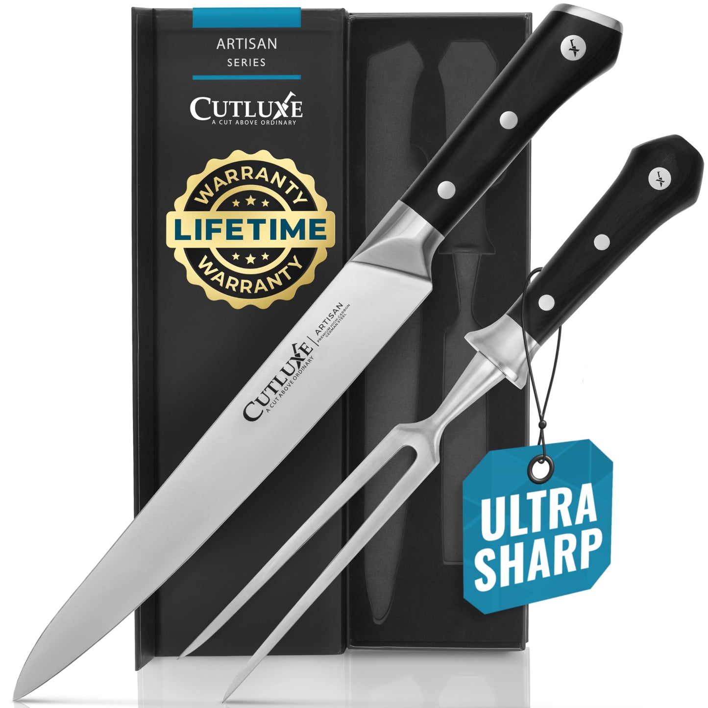 Cutluxe Carving Knife Set – Carving Fork & Carving Knife for Meat, BBQ, Brisket, Turkey – Razor Sharp Premium German Steel – Full Tang, Ergonomic Handle – Artisan Series