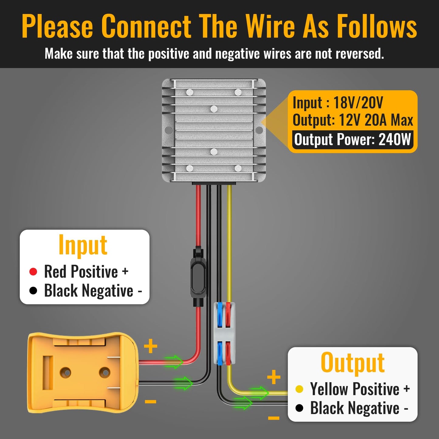 Kzreect 20V to 12V Step-Down Converter Compatible with Dewalt 20V Battery, DC 12V 20A 240W Buck Converter Voltage Reducer Regulator for Golf Cart RC Car LED Lights DIY Toys