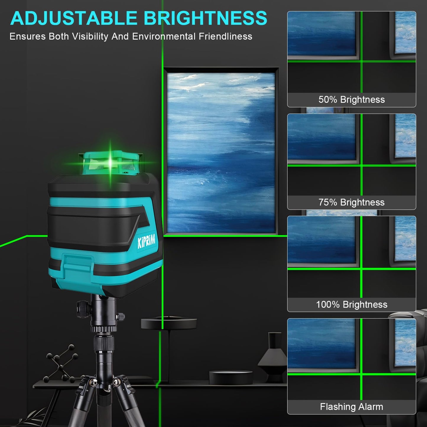 Kiprim Green Laser Level LV8D with Enhanced Visibility,5 Laser Lines,Adjustable Brightness,Manual/Self Leveling/Pulse Mode,Batteries and Carrying Pouch Included