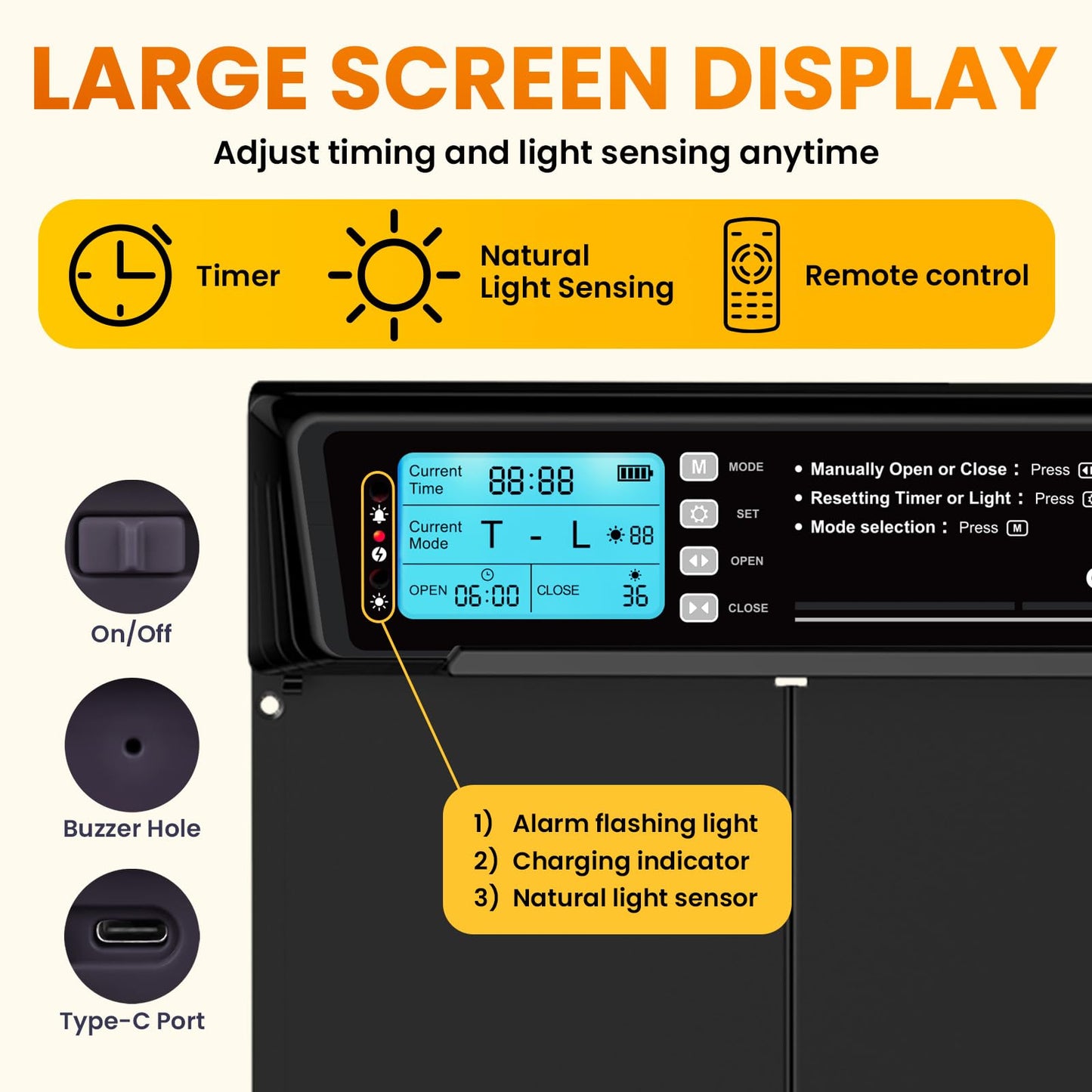 Extra Large Automatic Chicken Coop Door Solar Powered with Remote – LCD Display, Light Sensor, Timer & Anti-Pinch Function – 28.7 cm x 22.1 cm Door Opening – 5-Year Protection – Black – by Okköbi