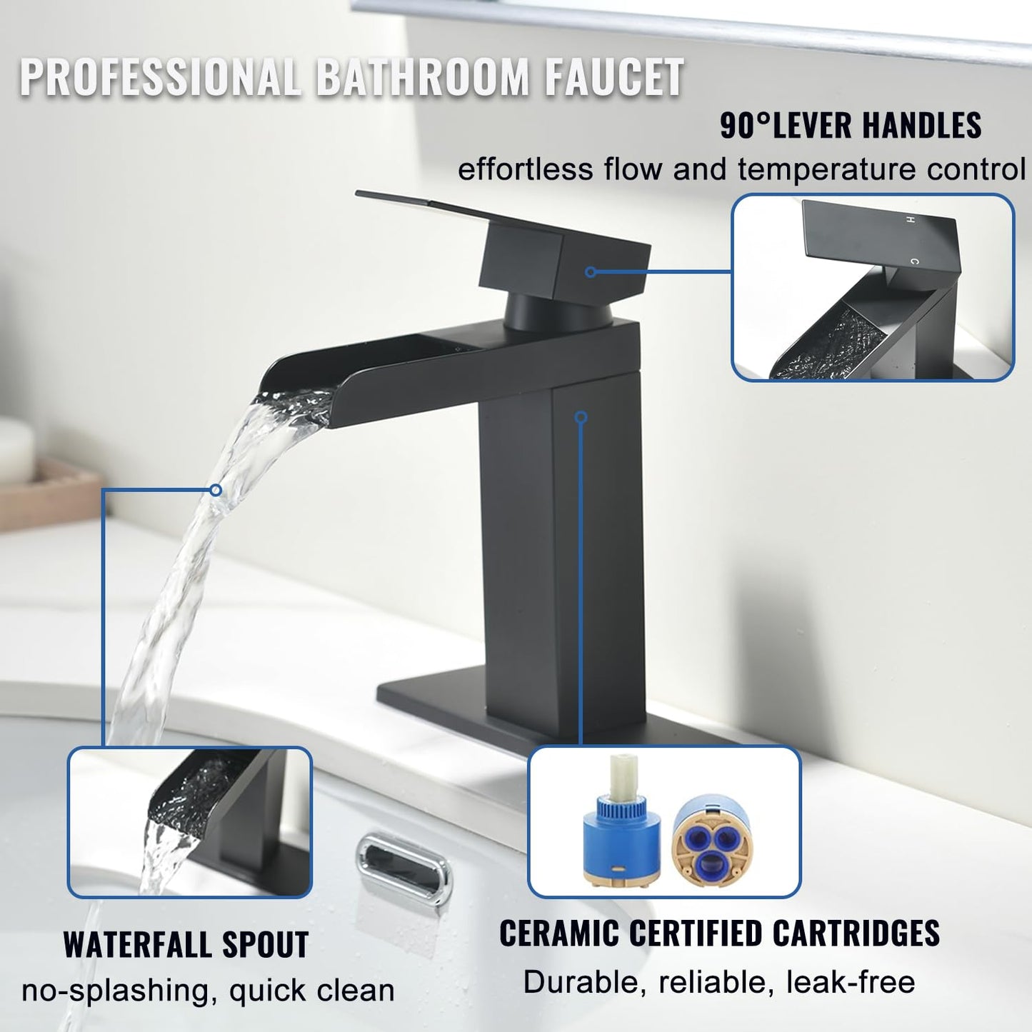 Matte Black Waterfall Bathroom Faucet, Single Handle Stainless Steel Bathroom Sink Faucet for 1 or 3 Hole, Rv Vanity Camper Farmhouse Lavatory Faucets with Pop-up Drain and Deck Plate, KMBF014B