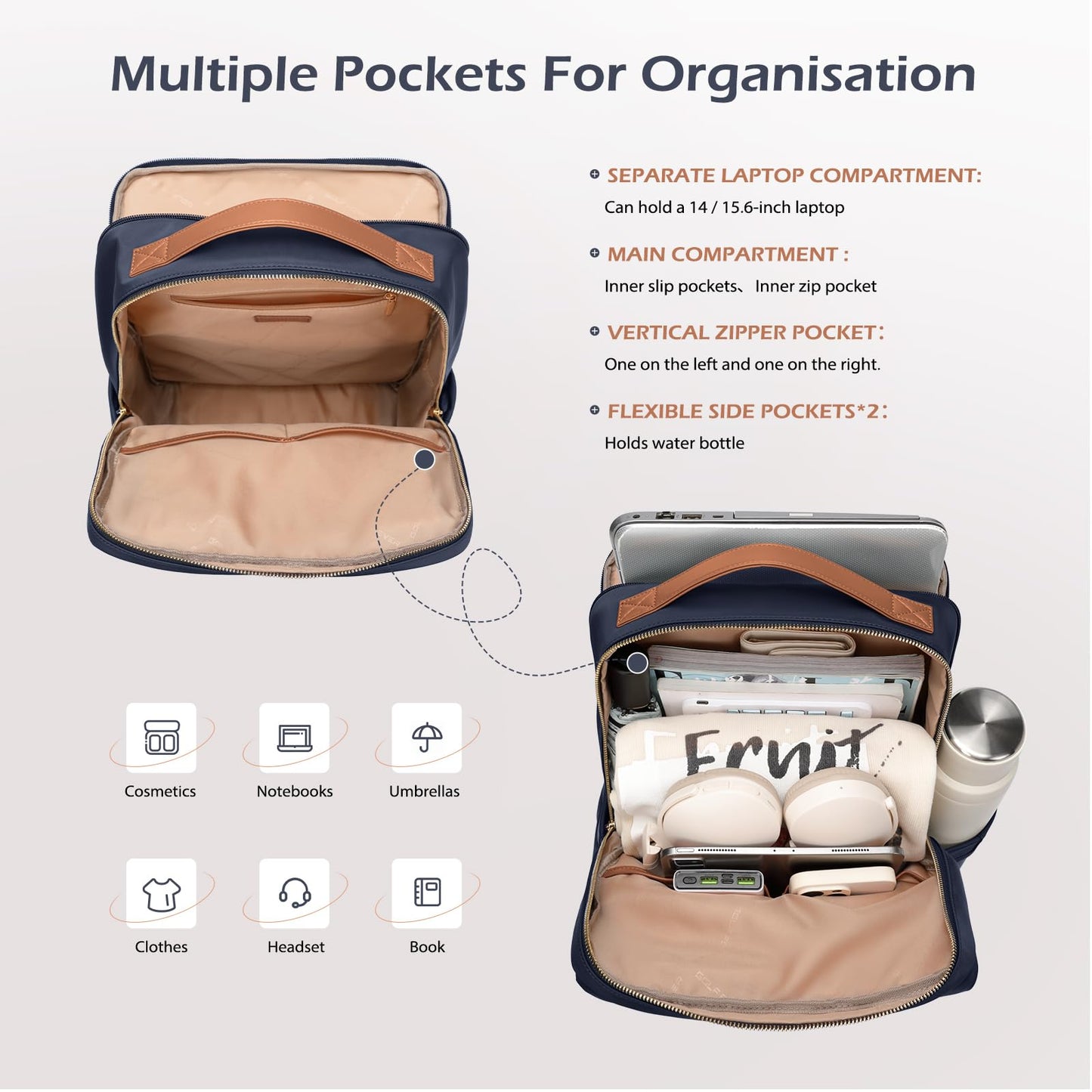 Stylish Laptop Backpack for Women Airline Approved Perfect for Work College and Travel Multi-Functional Casual Daypack Fits 15.6 Inch Notebook (Navy Blue)