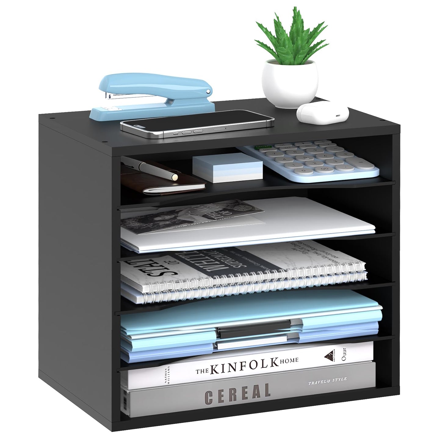 SHARKWOODS 5-Tier Wood Desk Organizer, Paper Sorter for Desktop with Adjustable Storage Shelves, Desktop Mail Holder for Office Home Classroom, Black