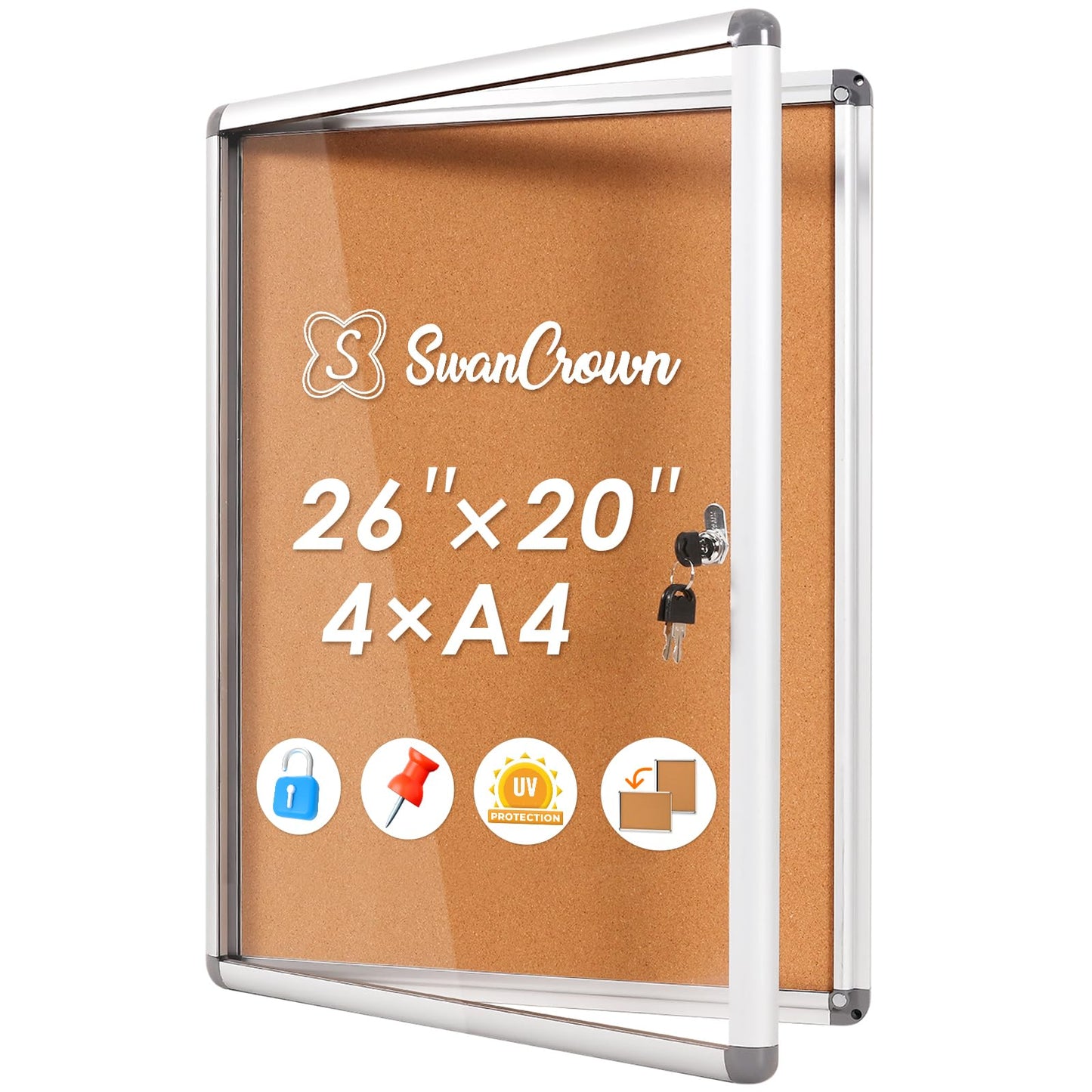 Swansea Lockable Noticeboard Bulletin Pin Cork Boards Tamper Proof with Mounting Screws 26×20 inch (4xA4)