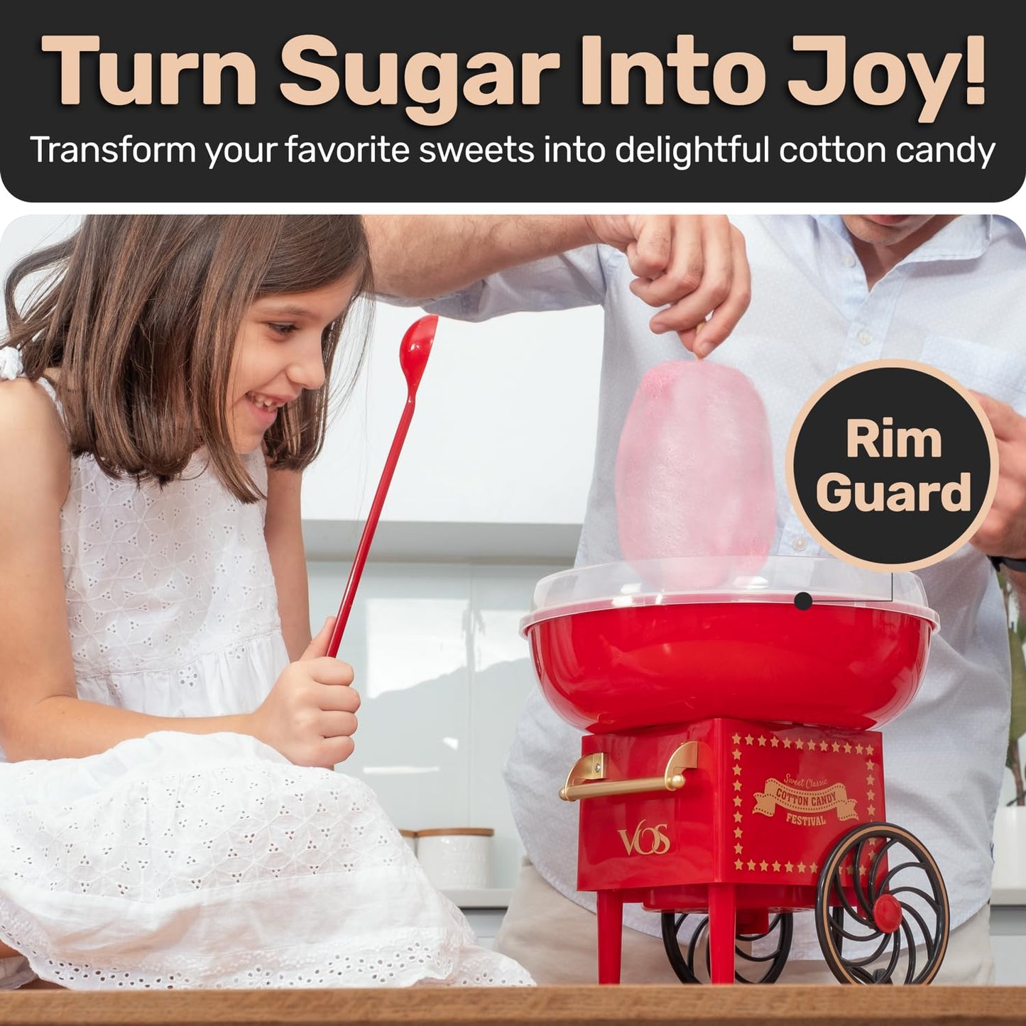 VOS Mini Cotton Candy Machine for Kids, Red Retro Sugar Candy Maker, Cotton Candy Maker Machine Kit: includes 15 Candy Sticks & 1 Sugar Scoop – Ideal for Home Use, Small Parties & Intimate Gatherings
