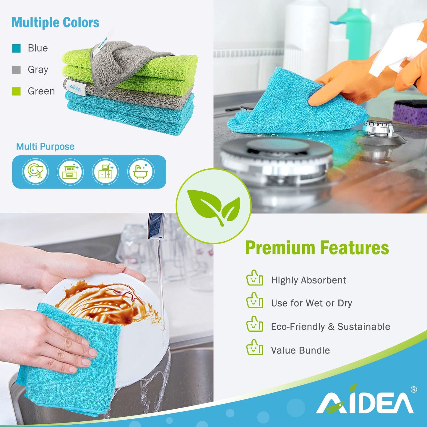 AIDEA Microfiber Cleaning Cloths-100PK, Soft Microfiber Towel, Absorbent Cleaning Supplies, Lint-Free Streak-Free Cleaning Cloths for House, Kitchen, Window(12in.x12in.)