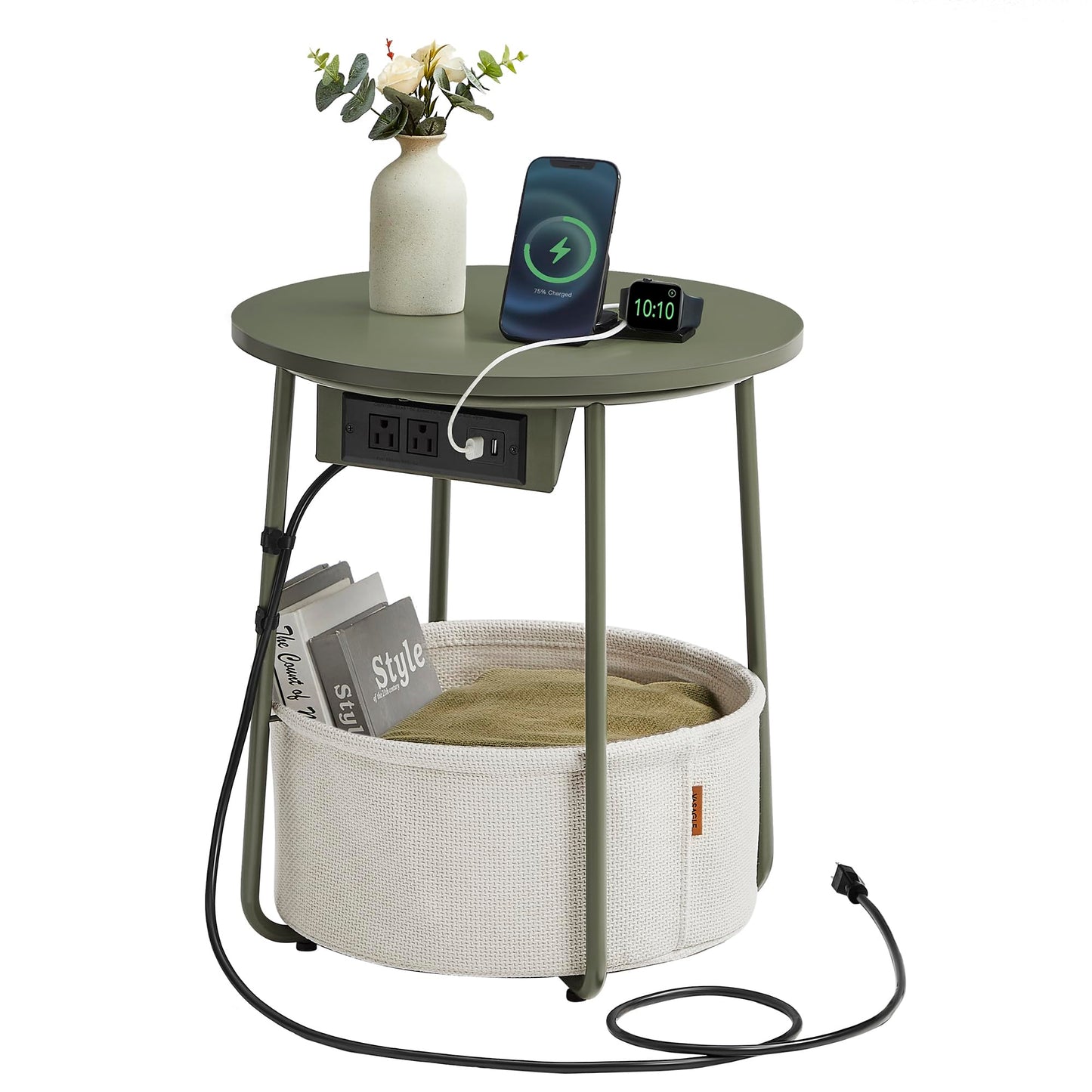 VASAGLE LILEA Collection - Small Round Side End Table with Charging Station, Modern Nightstand with Fabric Basket, USB Ports, Forest Green and Cream White ULET228C04