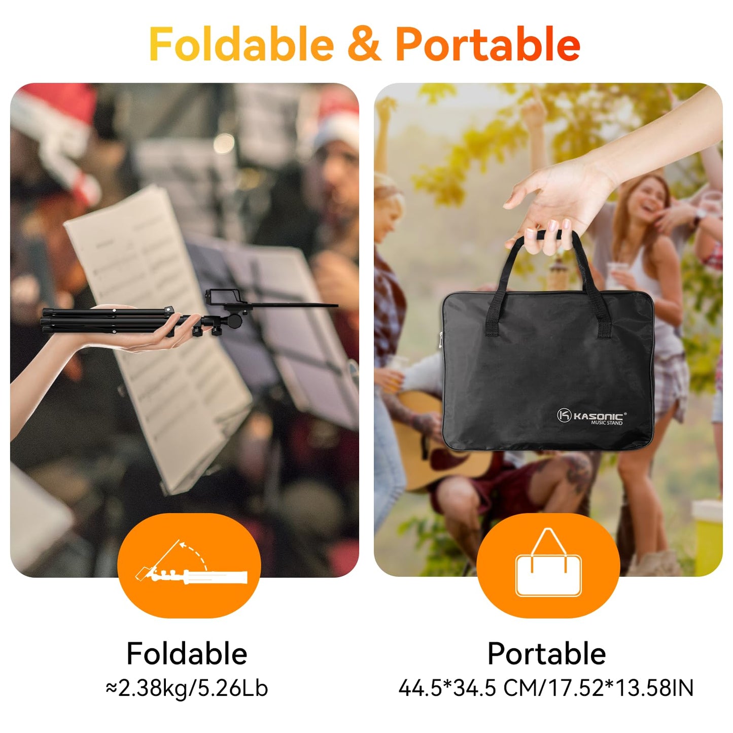 K KASONIC - Dual-Use Folding Sheet Music Stand & Desktop Book Stand with Portable Carrying Bag, Sheet Music Folder & Clip Holder (Black)