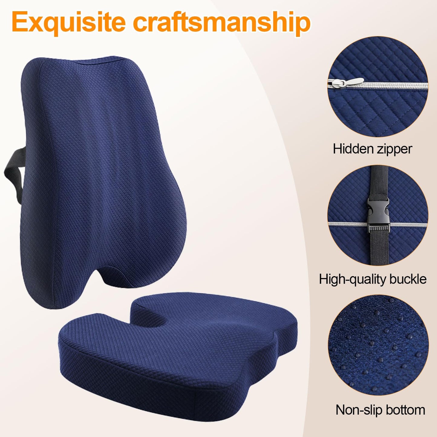 Seat Cushion & Backrest Combo Set with Lumbar Pillow Upgraded Adjustable Height Design, Memory Foam Ideal for Driving, Travel, Extended Sitting Effectively Relieves Lower Back Discomfort (Navy Blue)