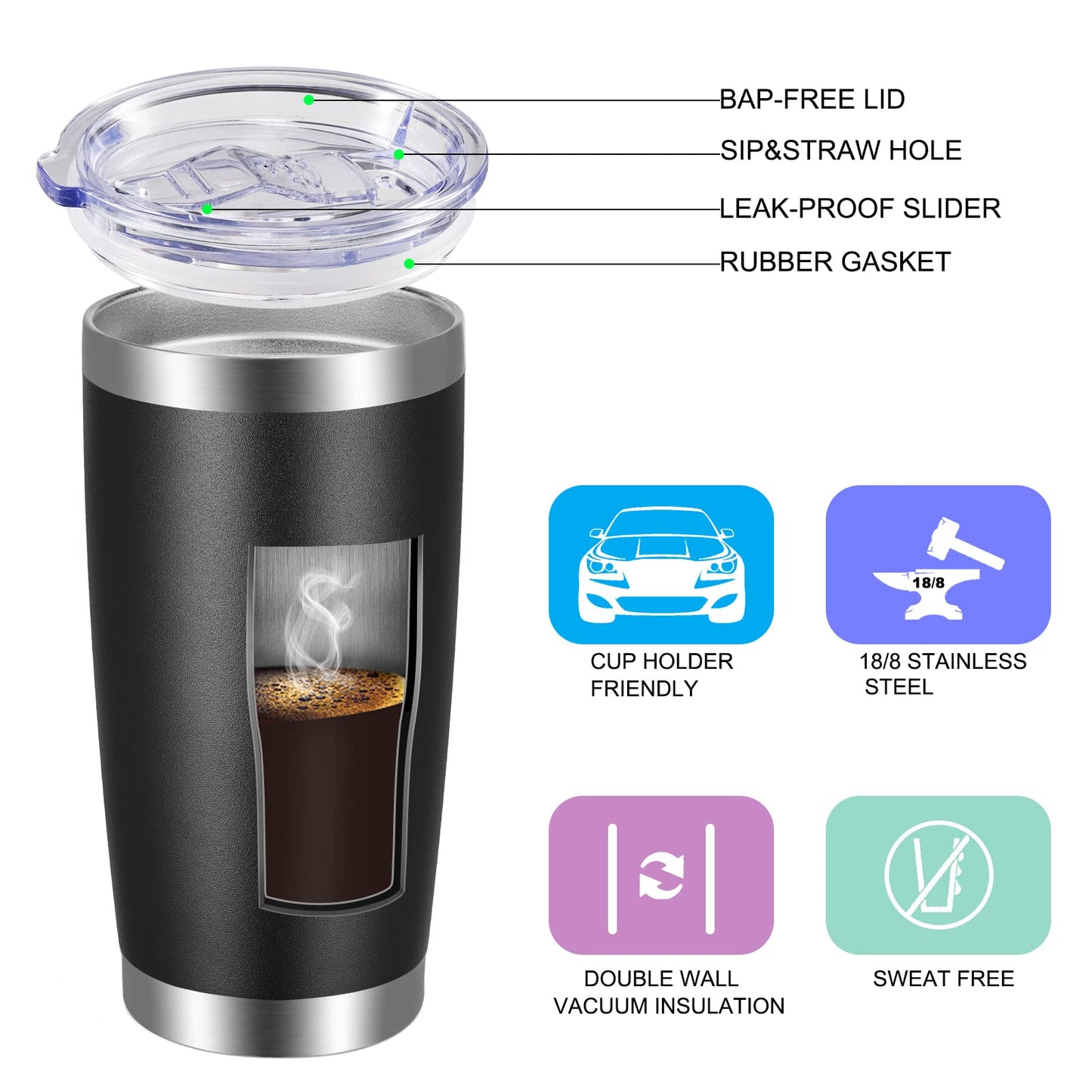VEGOND 20oz Tumbler with Lid and Straw Stainless Steel Tumbler Cup Bulk Vacuum Insulated Double Wall Travel Coffee Mug Powder Coated Coffee Cup, Black, 6 Pack