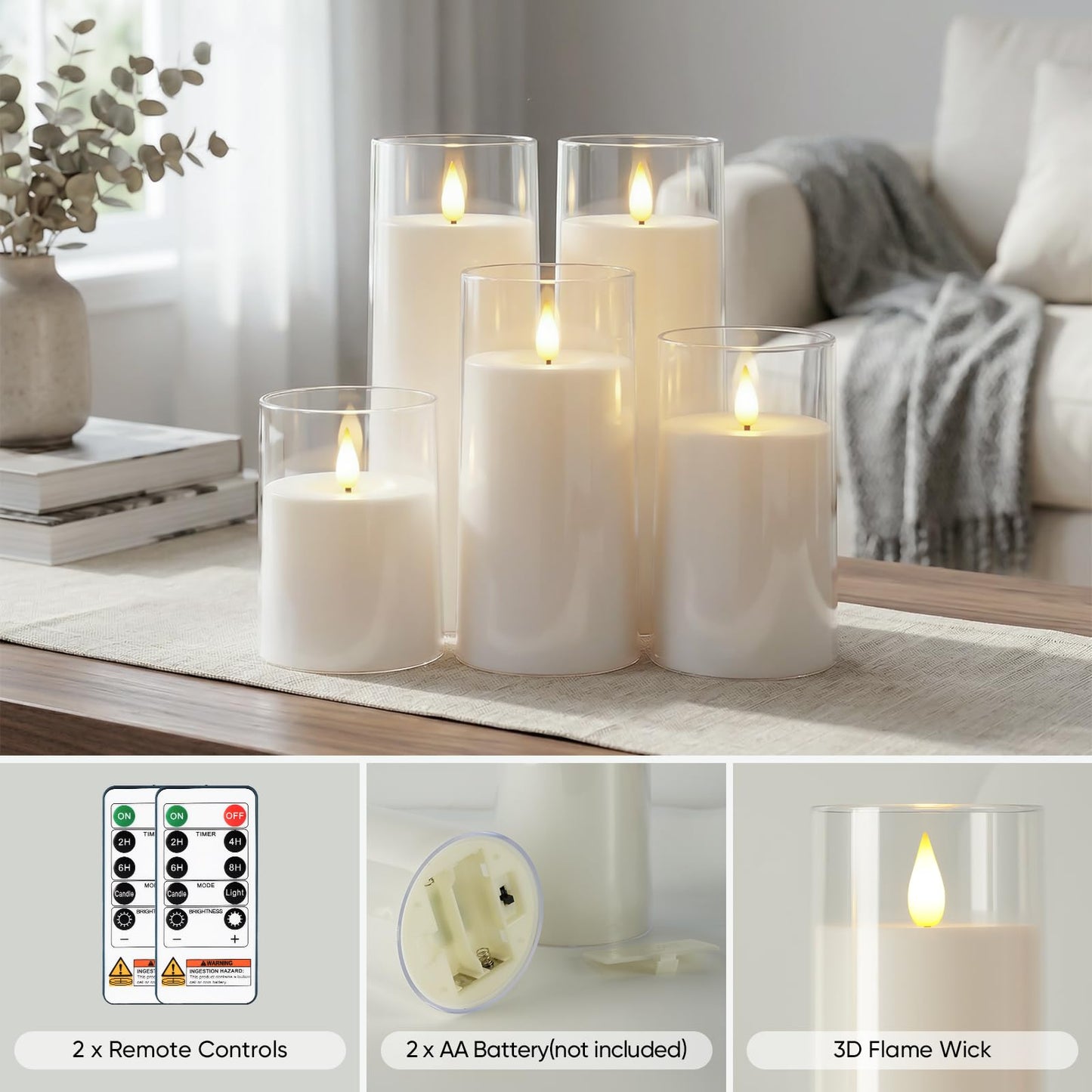 AMAGIC Flickering Flameless Candles, Battery Operated Acrylic LED Pillar Candles with Remote Control and Timer, Romantic Wedding Home Ambience Decoration, 5 Pack White