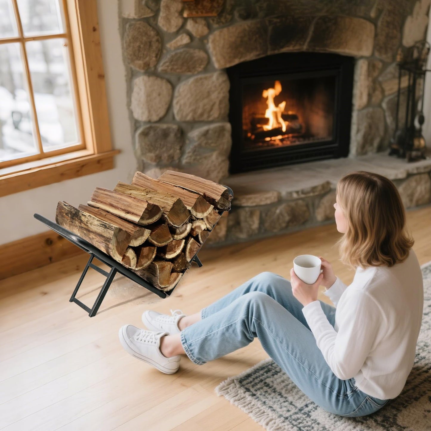 BiggerFire Firewood Rack, Foldable 2FT Firewood Rack Firewood Holder Holder for Fireplace Wood Storage, Log Holder Stand Steel Firewood Stand for Outdoor Indoor Fireplace（Black）