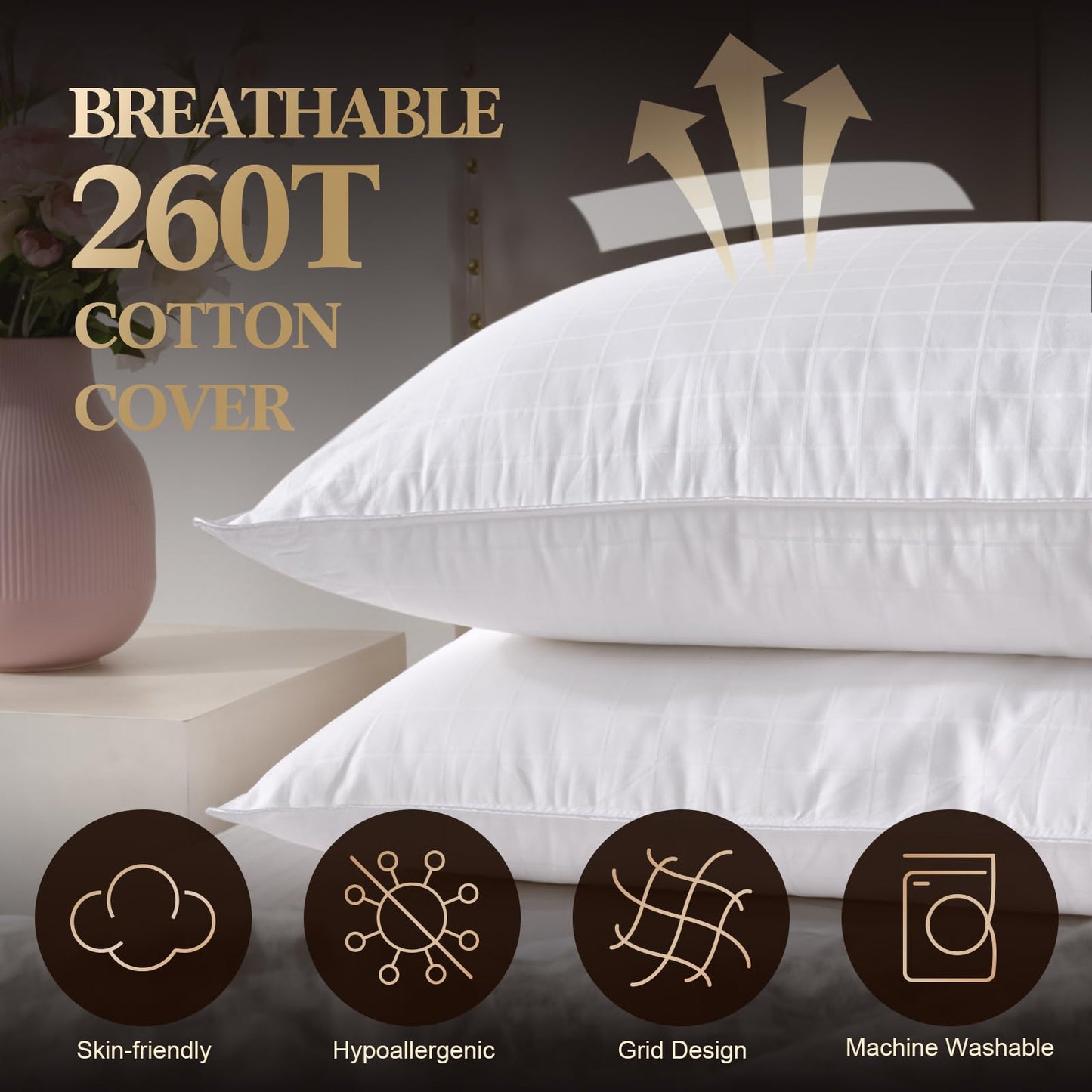SHERWOOD Down Alternative Hotel Pillows (Wihte Grid, Queen)