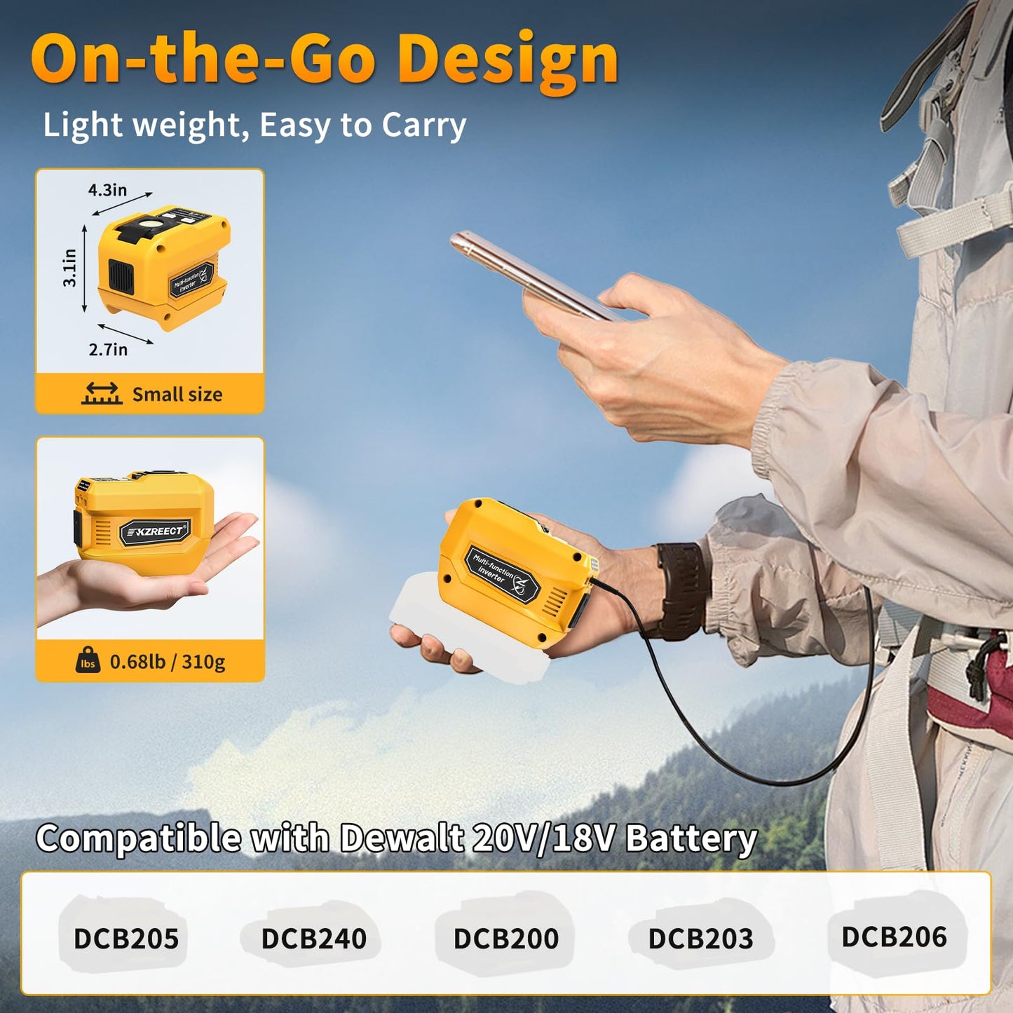 Kzreect 220W Power Inverter Compatible with Dewalt 20V Batteries (Battery Not Included) DC to 110V AC, 400 Lumen