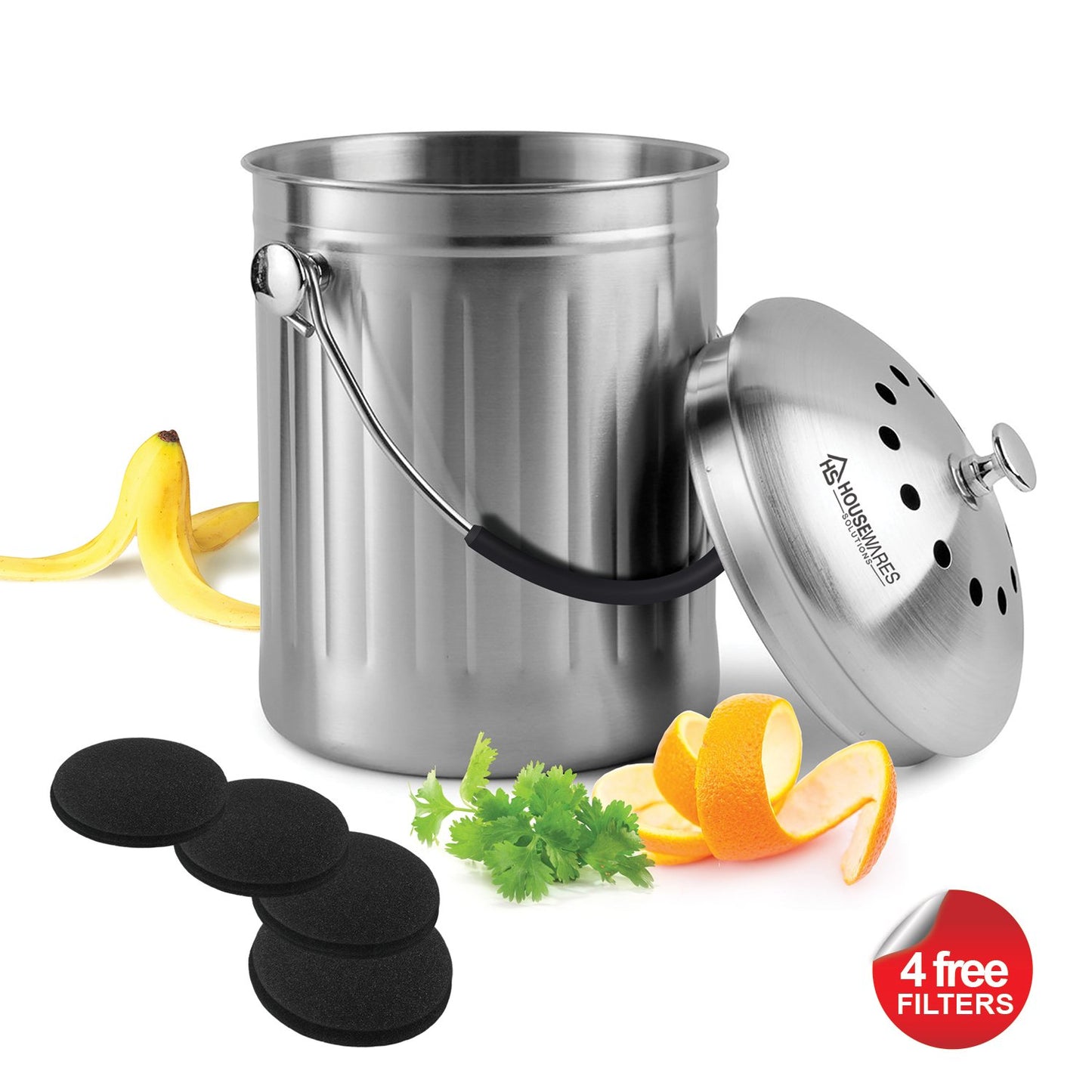 Leak Proof Stainless Steel Compost Bin 1.3 Gallon – Includes 4 Extra Free Filters