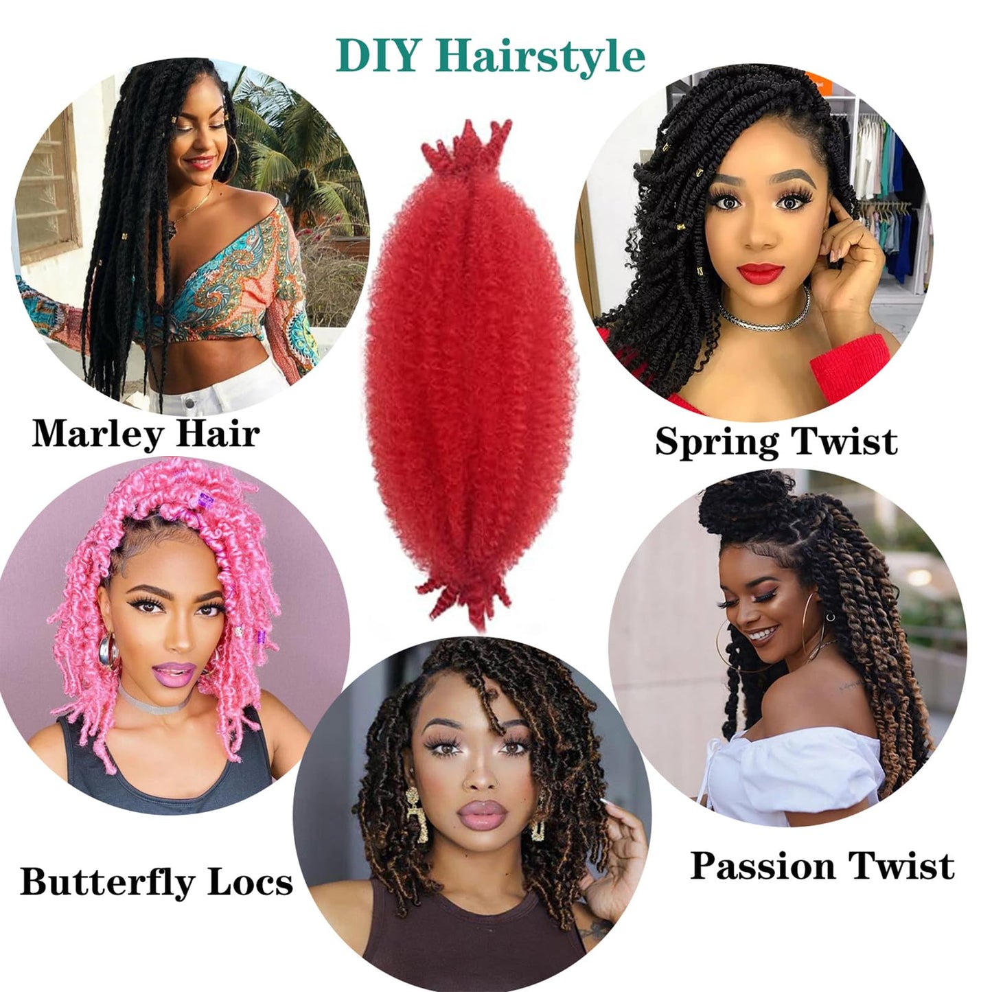 16 Inch Red Springy Afro Twist Hair 8Packs Kinky Braiding Cuban Twist Hair Pre-Separated Spring Afro Wrapping HairExtensions for Women(16Inch,Red#)