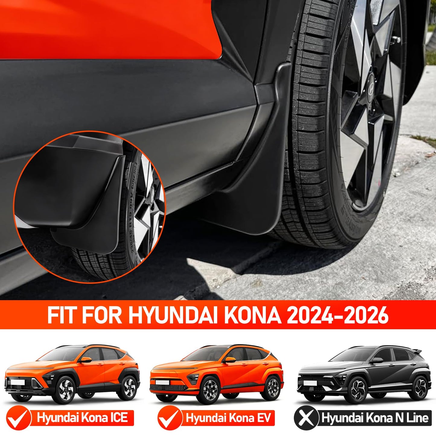WRWJL Mud Flaps for Hyundai Kona 2024 2025 Accessories,Upgraded Front Rear Splash Guards Compatible with Kona,All Weather 4PCS No Drilling Mudflaps Tire Splash(NO for N Line Model)