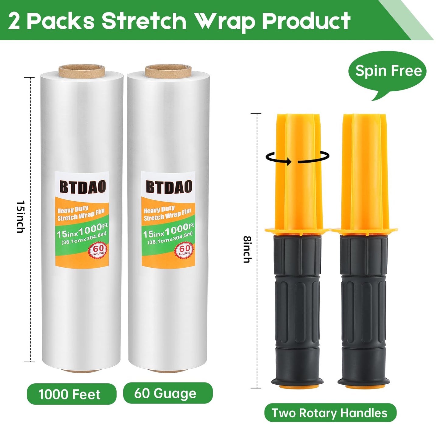 2 Rolls Stretch Wrap 15"x1000 Feet Stretch Film Shrink Wrap Packing Moving Suppliers for Shipping Moving Suppliers Packing Pallet Wrapping Surface Protection 60 Gauge (2 Rolls)