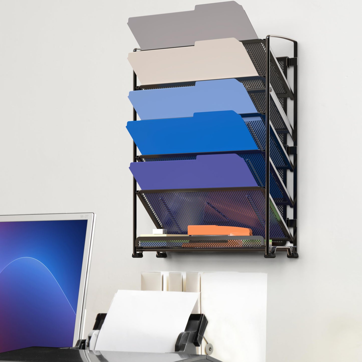 Simple Houseware 6-Tier Mesh Wall Mount File Organizer & Desktop Paper Holder - 5 Tilted Trays + 1 Flat Bottom Tray, Wall Mount Hardware Included, Black