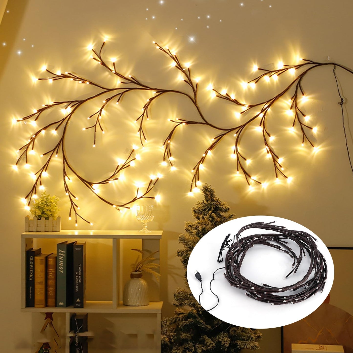Enchanted Willow Vine Twig Lights,7.55ft Twinkling LED Tree Branch Fairy String Lights with 144 LED Lights and Remote,8 Lighting Modes,Christmas Indoor Decorations for Home Wall Door Window