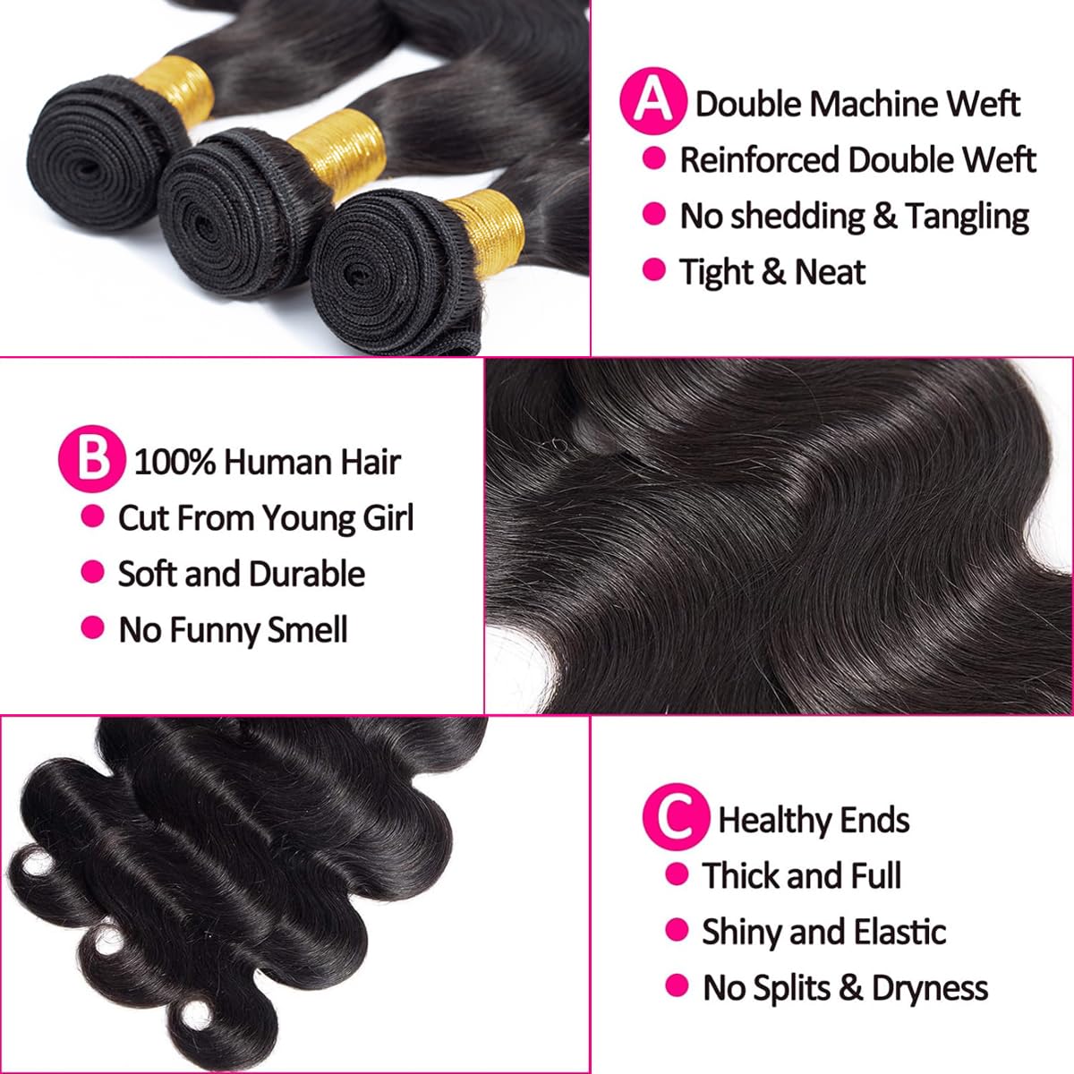 Body Wave Human Hair Bundles 14 16 18 Inch 10A Brazilian Virgin Human Hair Extensions for Women 100% Unprocessed Weave 3 Bundles Rallonge Cheveux Humain Natural Black