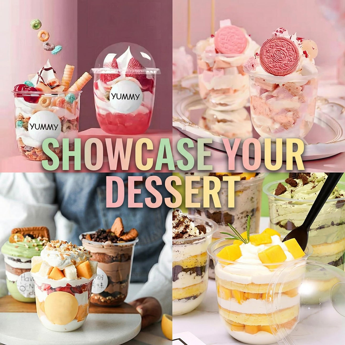 Nicunom 100 Pack 12 oz Clear Dessert Cups with Dome Lids (No Hole) & Sporks, Plastic Parfait Cups, No Leaking Disposable Party Cups with Lids for Ice Cream Fruit Cake Snacks Yogurt Cold Drinks