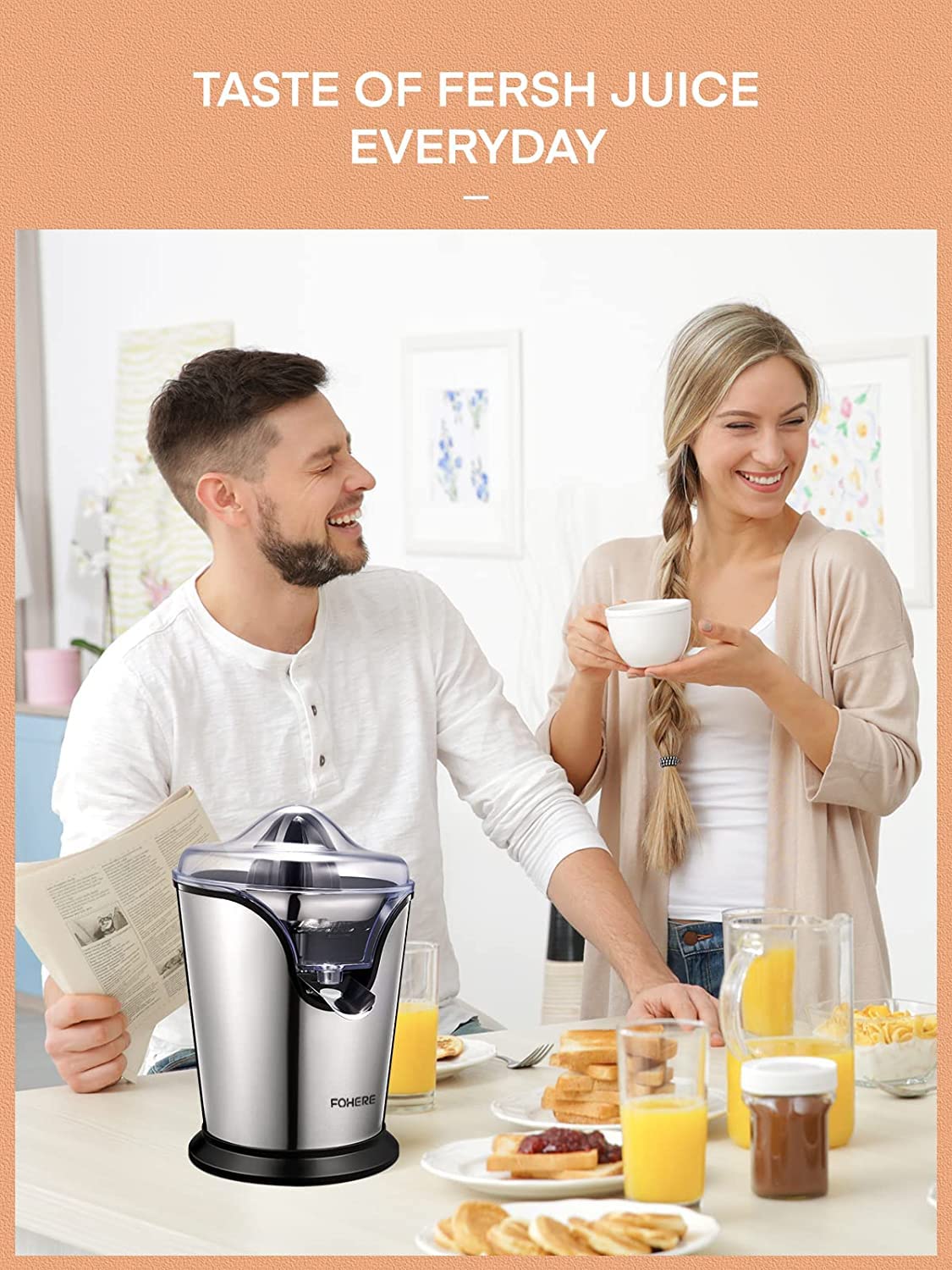 FOHERE Electric Citrus Juicer, Orange Juicer Machine with 2 Size Cones, Stainless Steel Citrus Press Juicer for Orange Lemon Grapefruit Lime, Compact Juicer Squeezer, Anti-Drip Spout & Ultra Quiet Motor