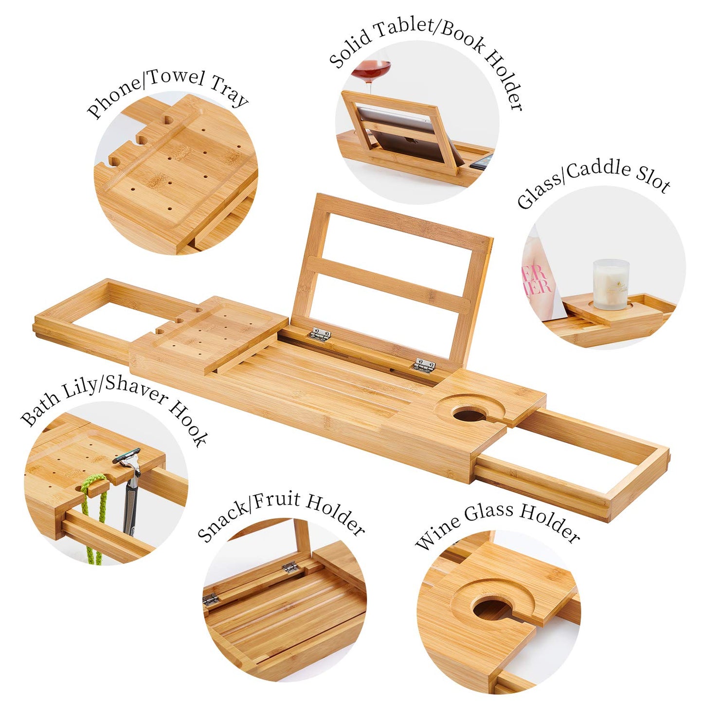 Utoplike Bathtub Caddy Tray, Bamboo Bath tub Tray with Adjustable Arms, Bath Table Holds Books/Tablets/Cell Phone/Towels/Foods (Natural Bamboo)