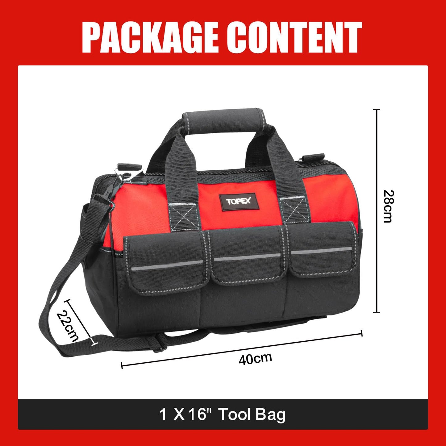 TOPEX 16-inch Tool Bag Multi-pocket Tool Organizer High Bearing Wide Mouth Tool Bag with Adjustable Shoulder Strap with 8 Pockets for Cars, Drill, Garden, Electrician, Technicians