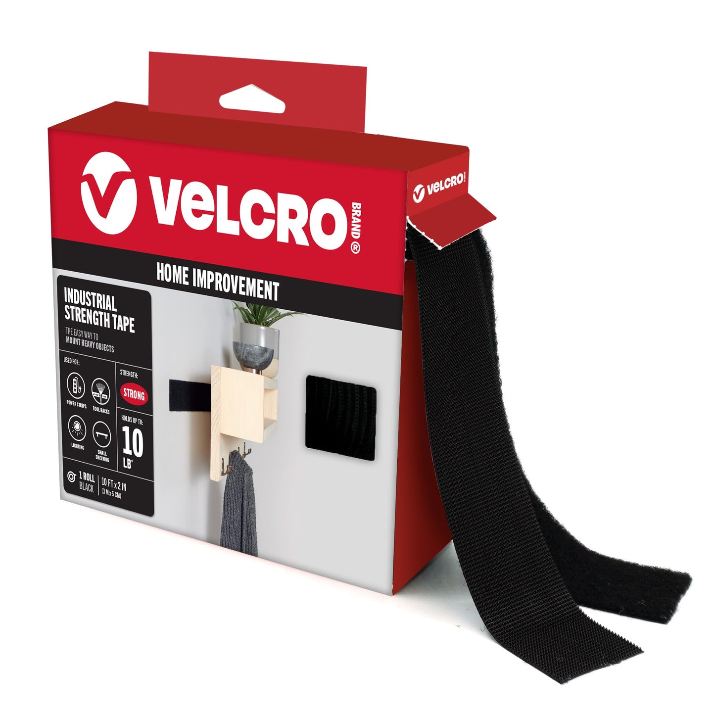 VELCRO Brand - Industrial Strength | Indoor & Outdoor Use | Superior Holding Power on Smooth Surfaces | Size 10ft x 2in | Tape, Black