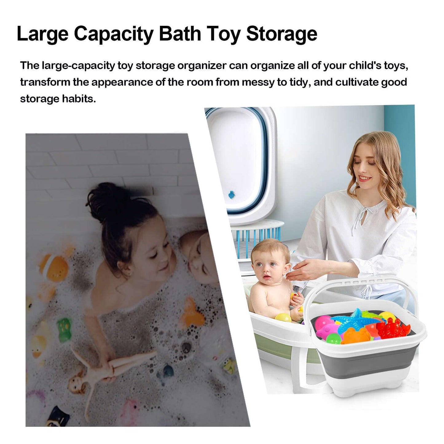 Bath Toy Storage Organizer - Foldable Bath Toy Holder for Bathtub, Bathtub Toy Storage with Removable Drying Base, Bathroom Toy Storage with 2 Hooks