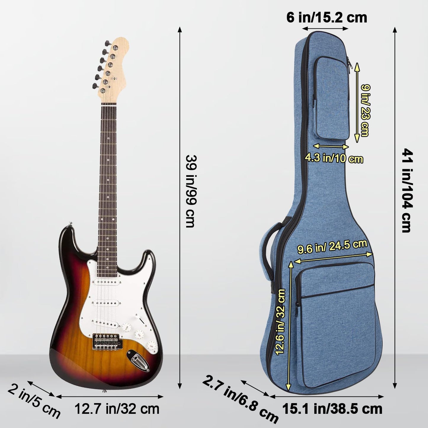 39 Inch Electric Guitar Bag Soft Guitar Case, MUZTOP 11 MM Thick Padded Electric Guitar Gig Bag Waterproof Guitar Backpack with Pockets (Blue-CA)