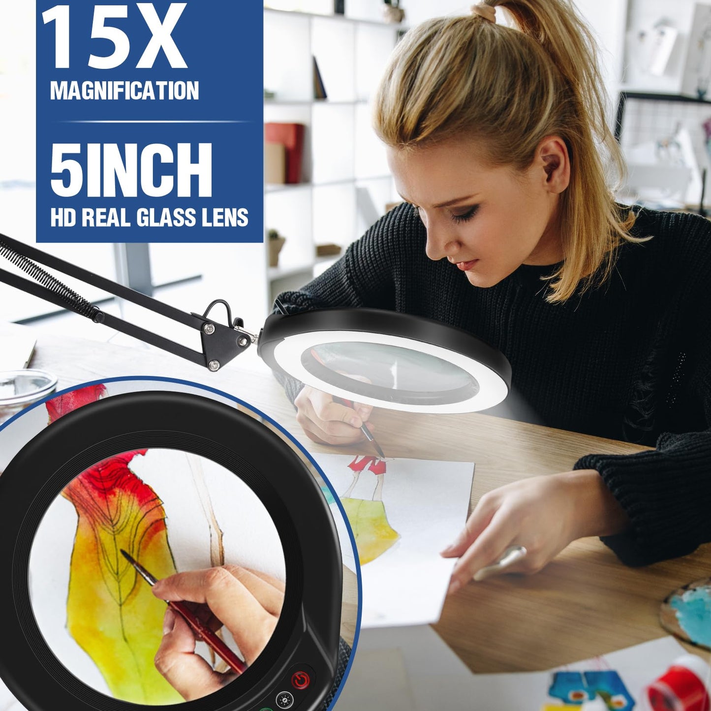 15X 5 Inch Large Magnifying Glass with Light and Stand, 2-in-1 LED Lighted Magnifier, 5 Color Modes Stepless Dimmable, Hands Free Magnifying Desk Lamp with Clamp for Craft Hobby Repair Close Works