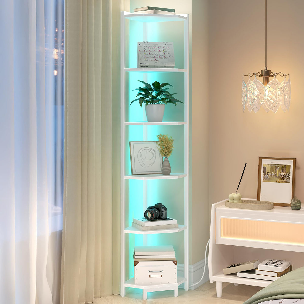 Hzuaneri Corner Shelf with LED Light, 6-Tier Corner Bookshelf, Tall Narrow Display Bookcase with Metal Frame, Standing Shelf for Small Space, Living Room, Home Office, Bedroom, White CS66613W