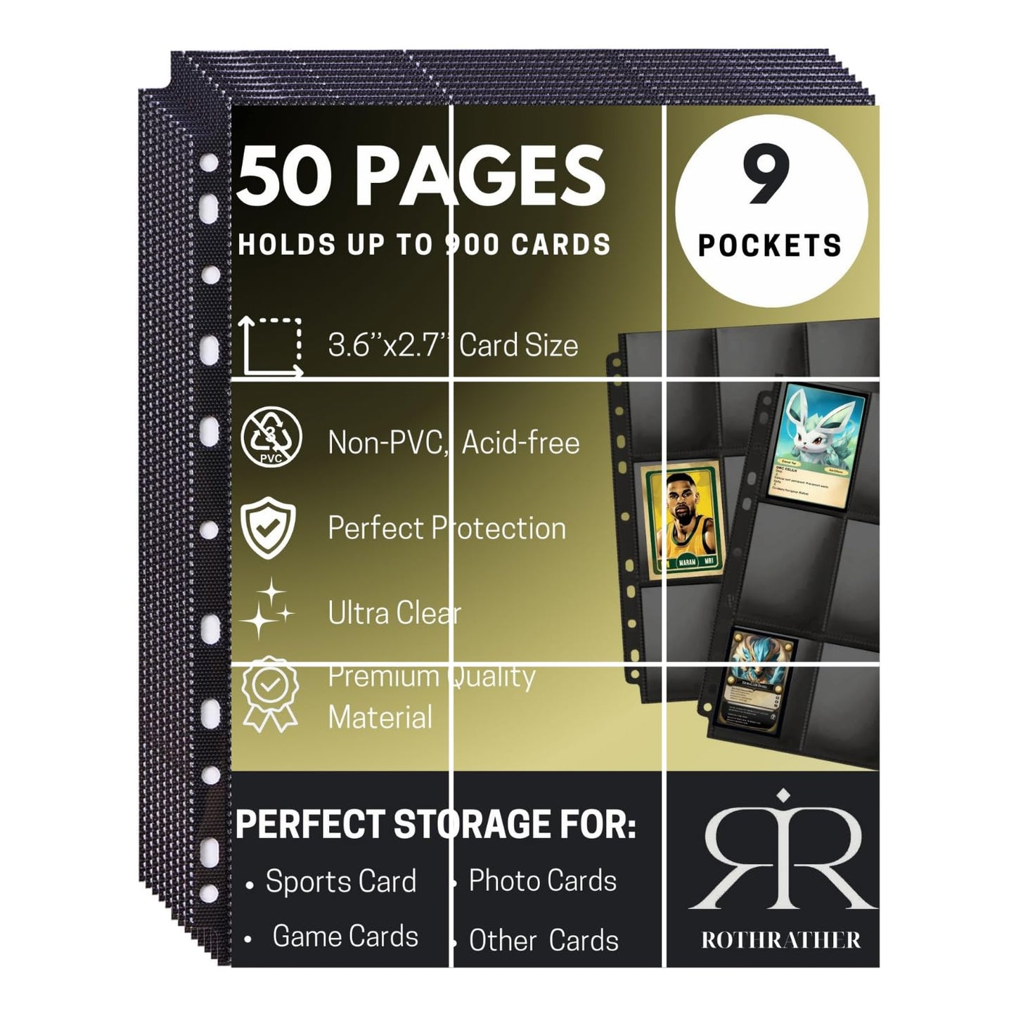 ROTHRATHER 100 Pack 1800 Black Pockets Trading Card Sleeve Pages - Baseball Card Sleeves for 3 Ring Binders - Standard Size Sheet Protectors for Trading, Sports, Game, and Photo Cards
