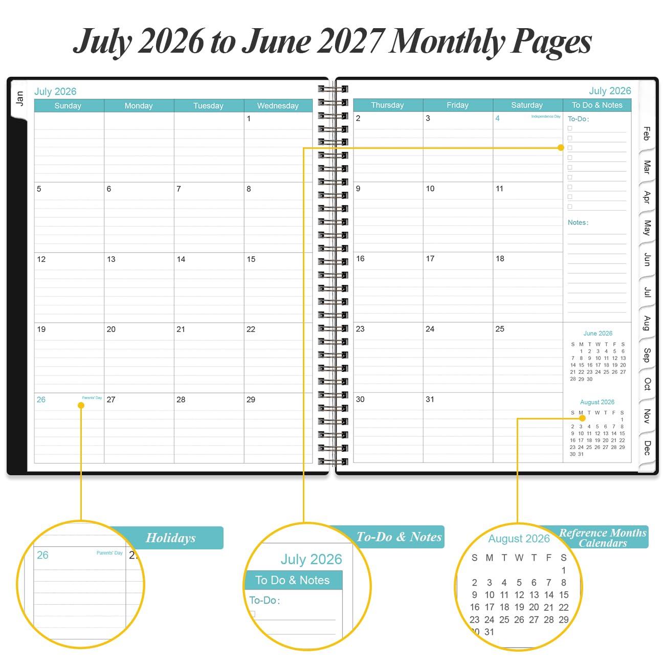 2026-2027 Daily & Monthly Planner - One Page Per Day, Daily Planner from July 2026 - June 2027, Planner 2026-2027 with 12 Monthly Tabs, 8.5" x 11", Black