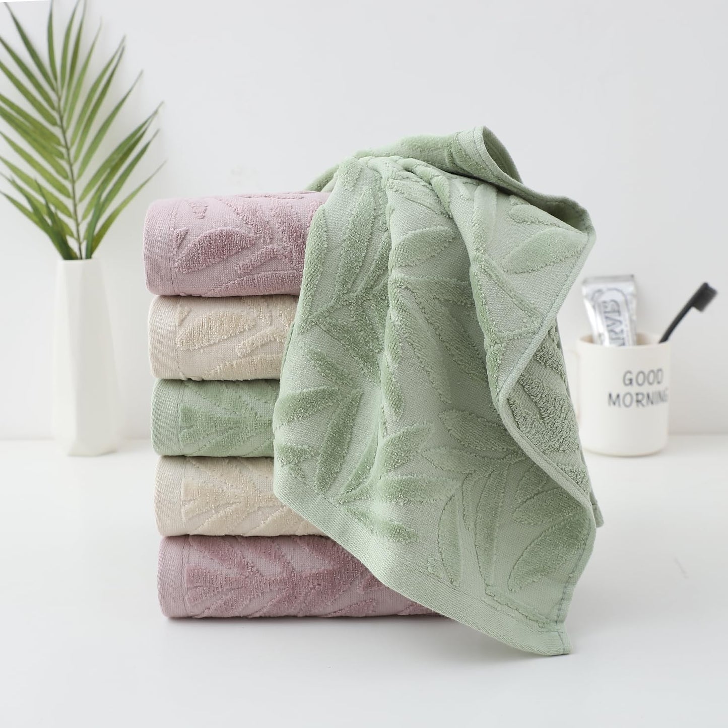 Pidada Hand Towels Set of 4 Leaf Pattern 100% Cotton Absorbent Soft Decorative Towel for Bathroom (Green)