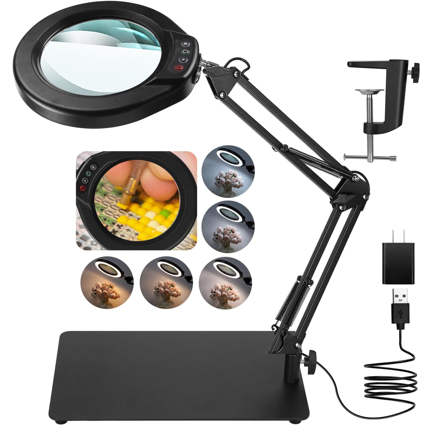 15X 5 Inch Large Magnifying Glass with Light and Stand, 2-in-1 LED Lighted Magnifier, 5 Color Modes Stepless Dimmable, Hands Free Magnifying Desk Lamp with Clamp for Craft Hobby Repair Close Works