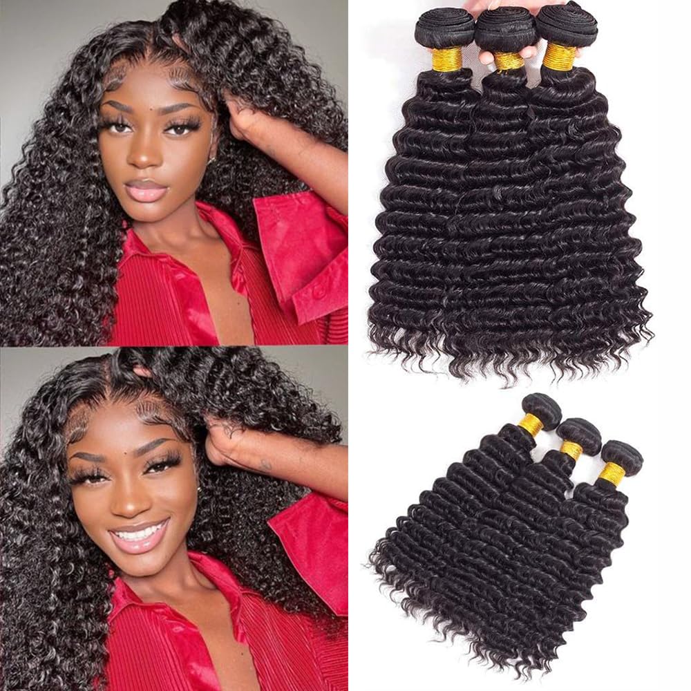 Datanala Brazilian Virgin 100% Unprocessed Deep Wave Human Hair Grade 12A Deep Wave Human Hair Bundles 12 14 16Inch Deep Curly Human Hair Weave Natural Black Color For Women