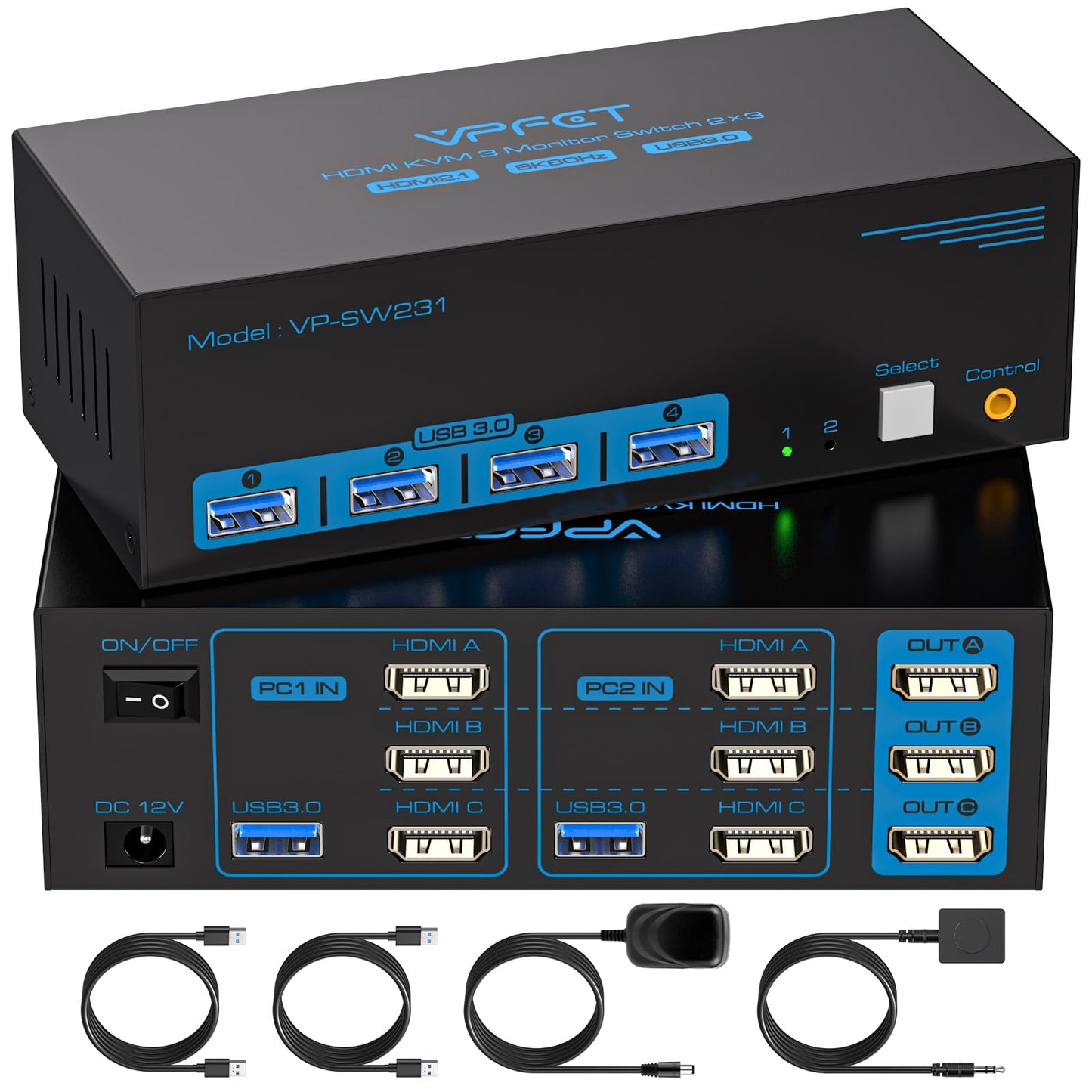 8K@60Hz HDMI KVM Switch 3 Monitors 2 Computers 4K@120Hz USB 3.0 KVM Switches for 2 PC Share Triple Monitor and 4 USB Ports Supports Extended&Duplicate Mode.Wired Controller DC 12V/1A Adapter Included