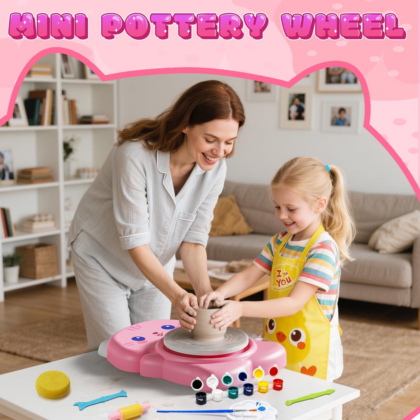 Skirfy Mini Pottery Wheel Kit for Beginners Kids,Electric Ceramic Wheel with Foot Pedal&Painting Kit, Adjustable Speed,Clay Spinner DIY Tools for Art Craft Birthday (Cat)