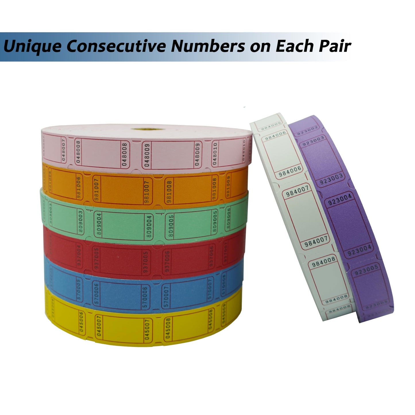 DNB 16000 Pcs Raffle Tickets - 8 Color Set of 2000 Pcs 2 x 1 Inch Single Roll Consecutively Numbered Blank Tickets - Pink/Red/White/Green/Blue/Yellow/Orange/Purple