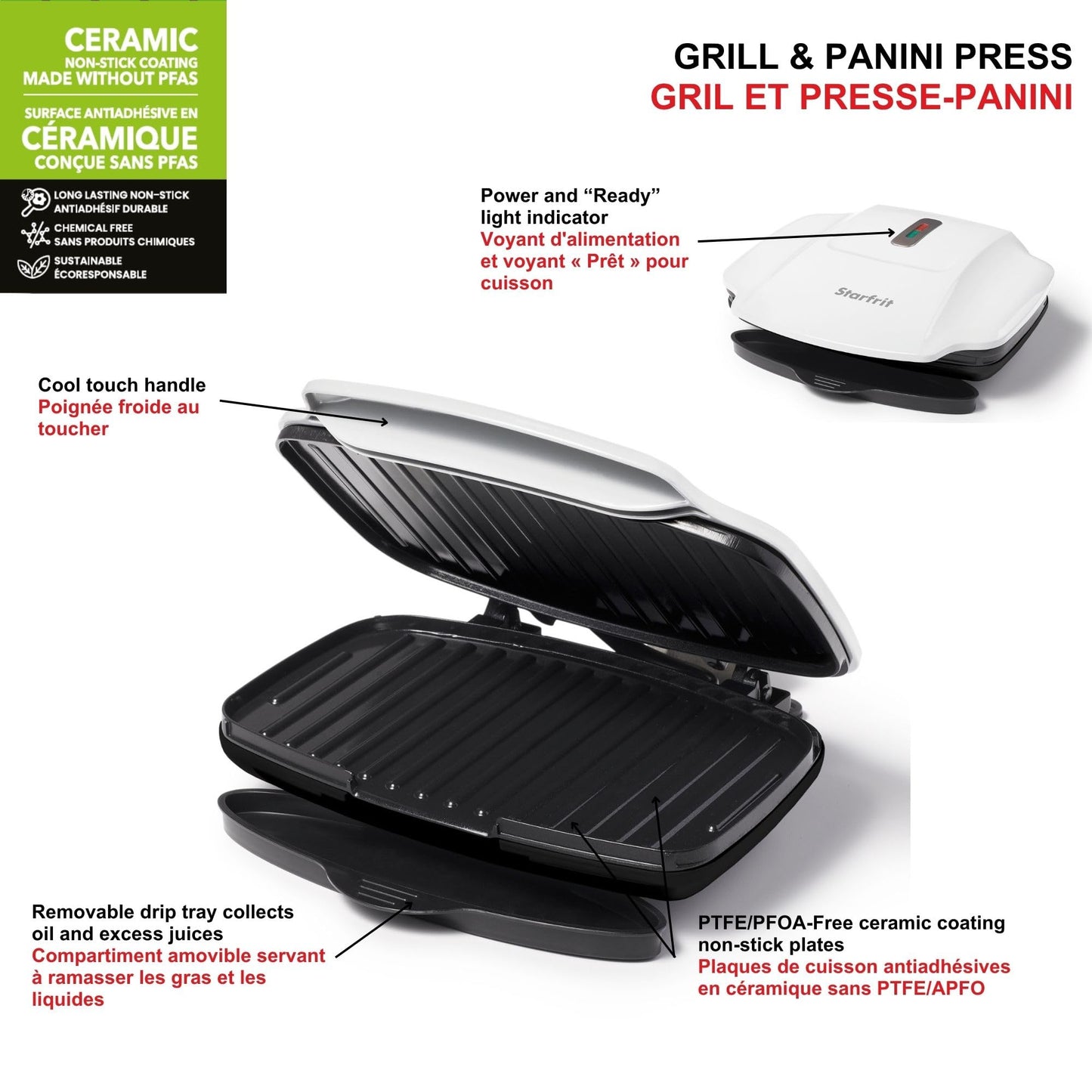 Starfrit Grill And Panini Press With Ceramic Coating - Non-Stick Coating - PFAS-Free - Removable Fat And Oil Collection - White