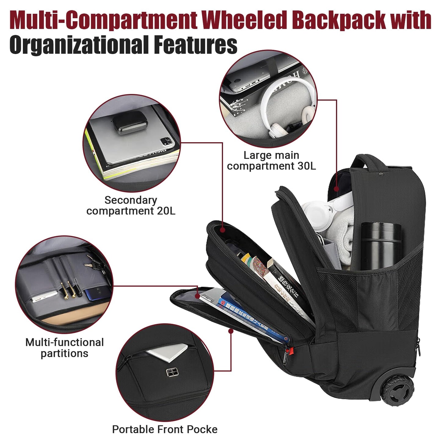 21x14x8" Rolling Backpack for Adults - Travel Backpack With Wheels, Durable Wheeled Carry-On With 17" Laptop Sleeve