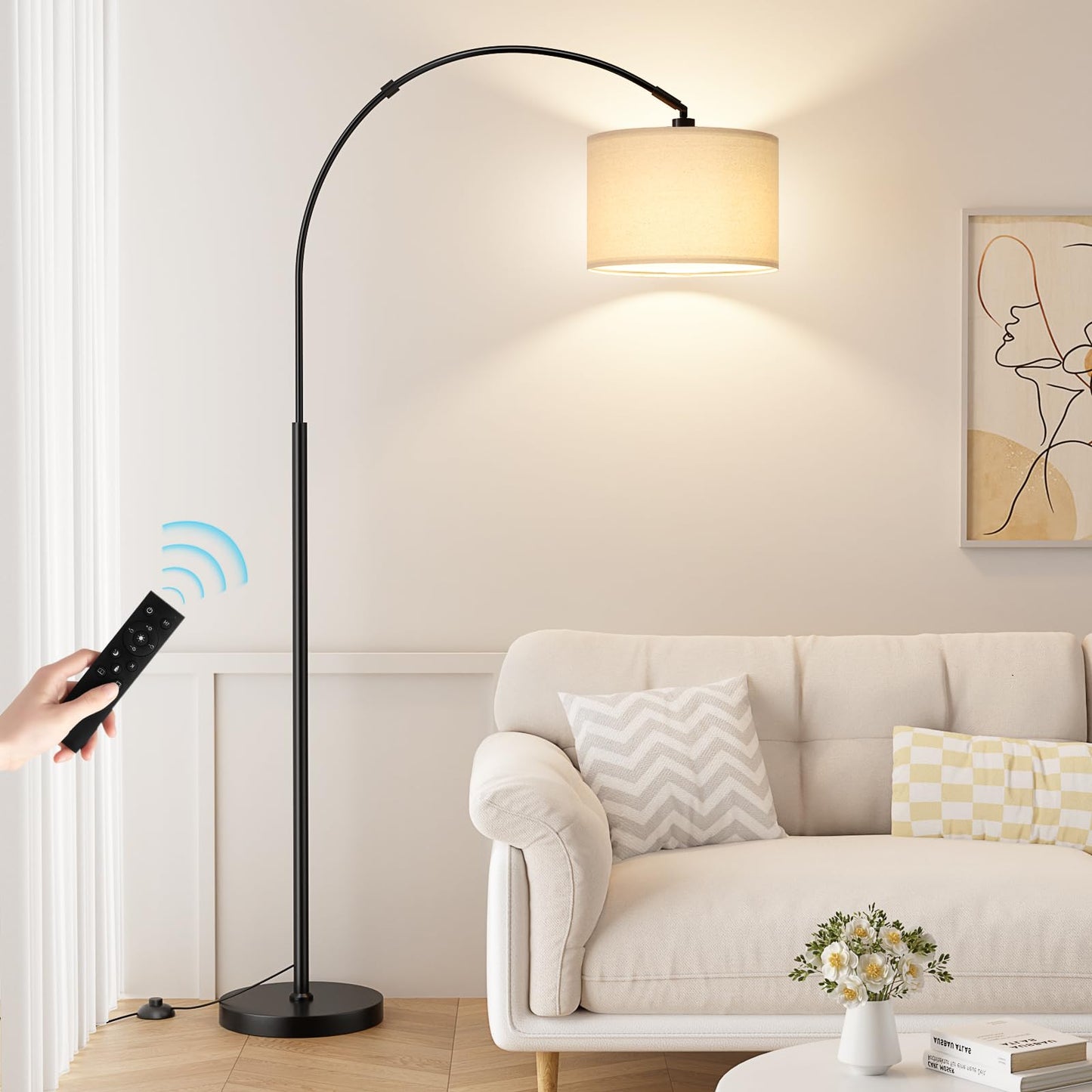 Ambimall 70" Dimmable Arc Floor Lamp with Remote, Color Temperature and Brightness Adjustable, Arched Floor Lamp with Rotating Head, Over Couch Arched Reading Light for Living Room (Beige and Black)