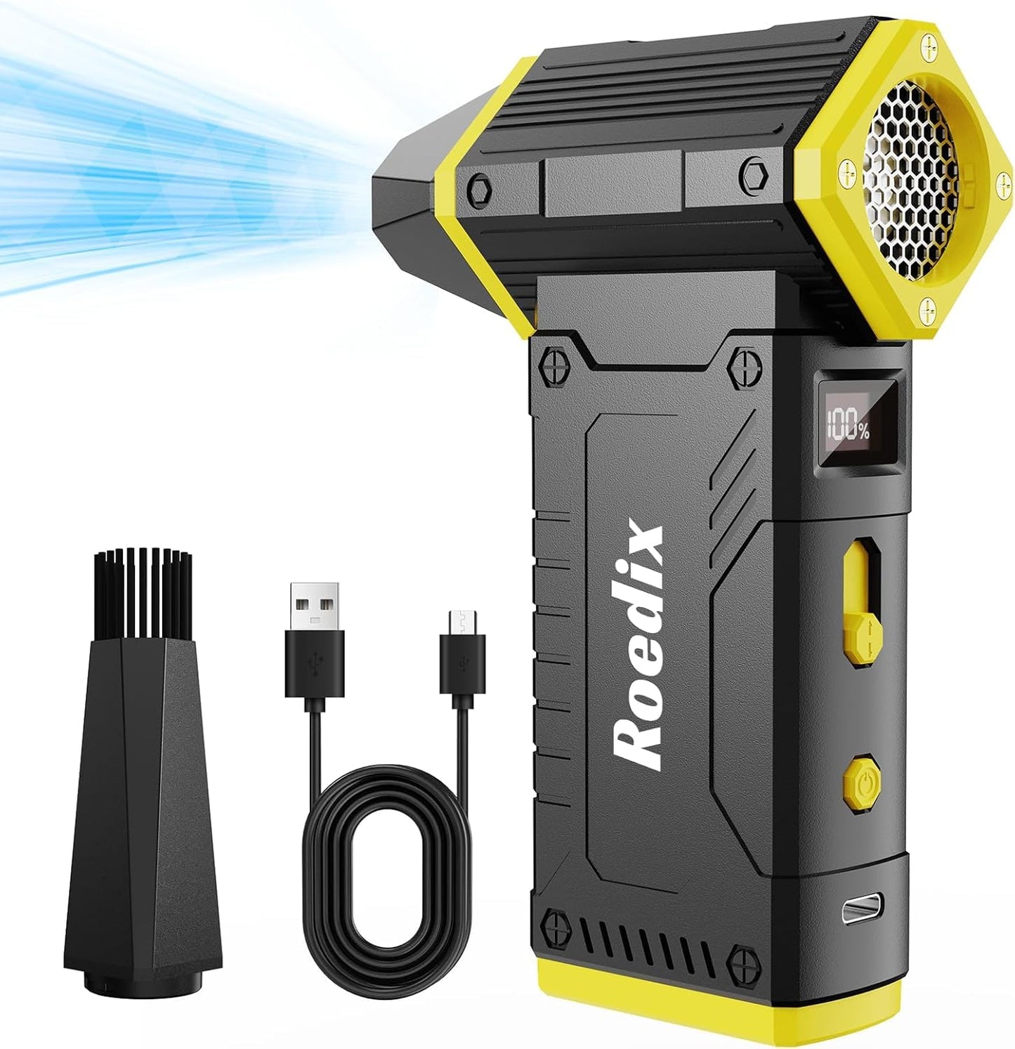 Compressed Air Duster, 210000RPM 8-Gear Adjustable Electric Air Duster with LED Display, 10,000mAh Rechargeable Air Blower for Keyboard, PC, Car and Home Cleaning, Jet Dry Blower (Black-yellow2)