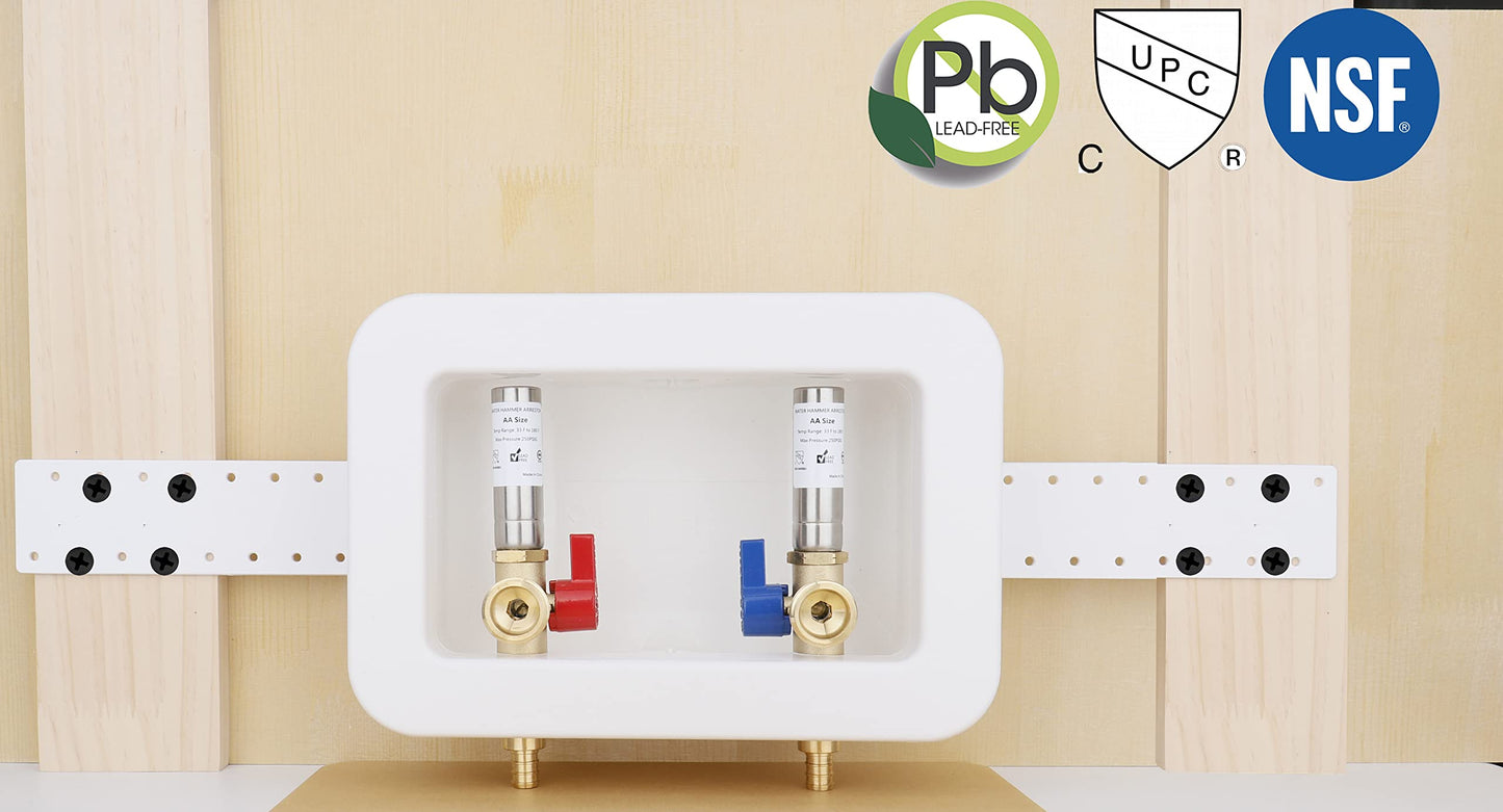 WHK Washing Machine Outlet Box,Pex Laundry Box Washer Wall Box With Drain Recessed Water Valve Box Center Double Drain 1/2-inch Crimp PEX B,PVC White (With Stainless Steel Water Hammer Arrester)