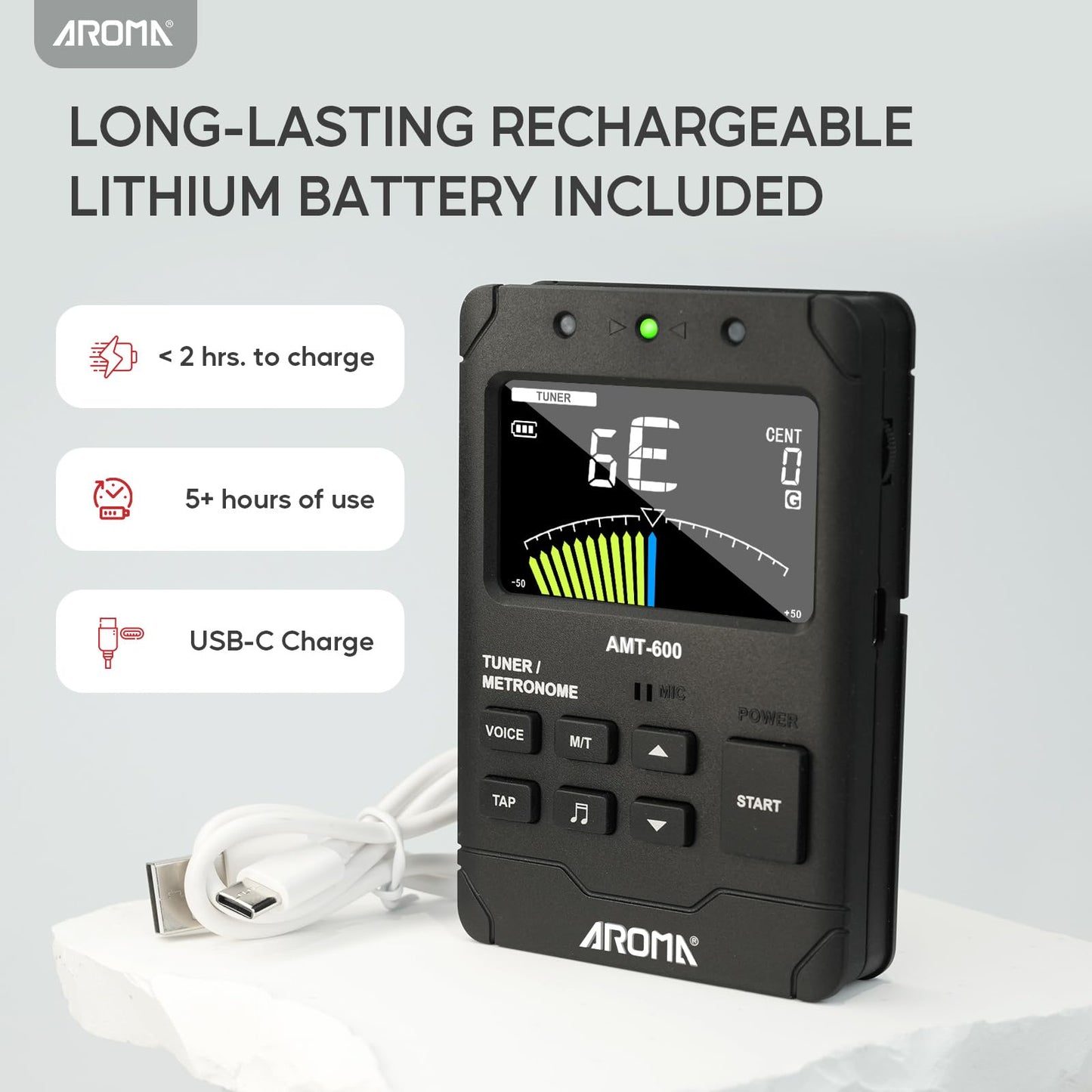 Aroma Digital Metronome Tuner Rechargeable for All Instruments with Guitar Bass Violin Ukulele Chromatic and Wind Instruments Tuning Modes